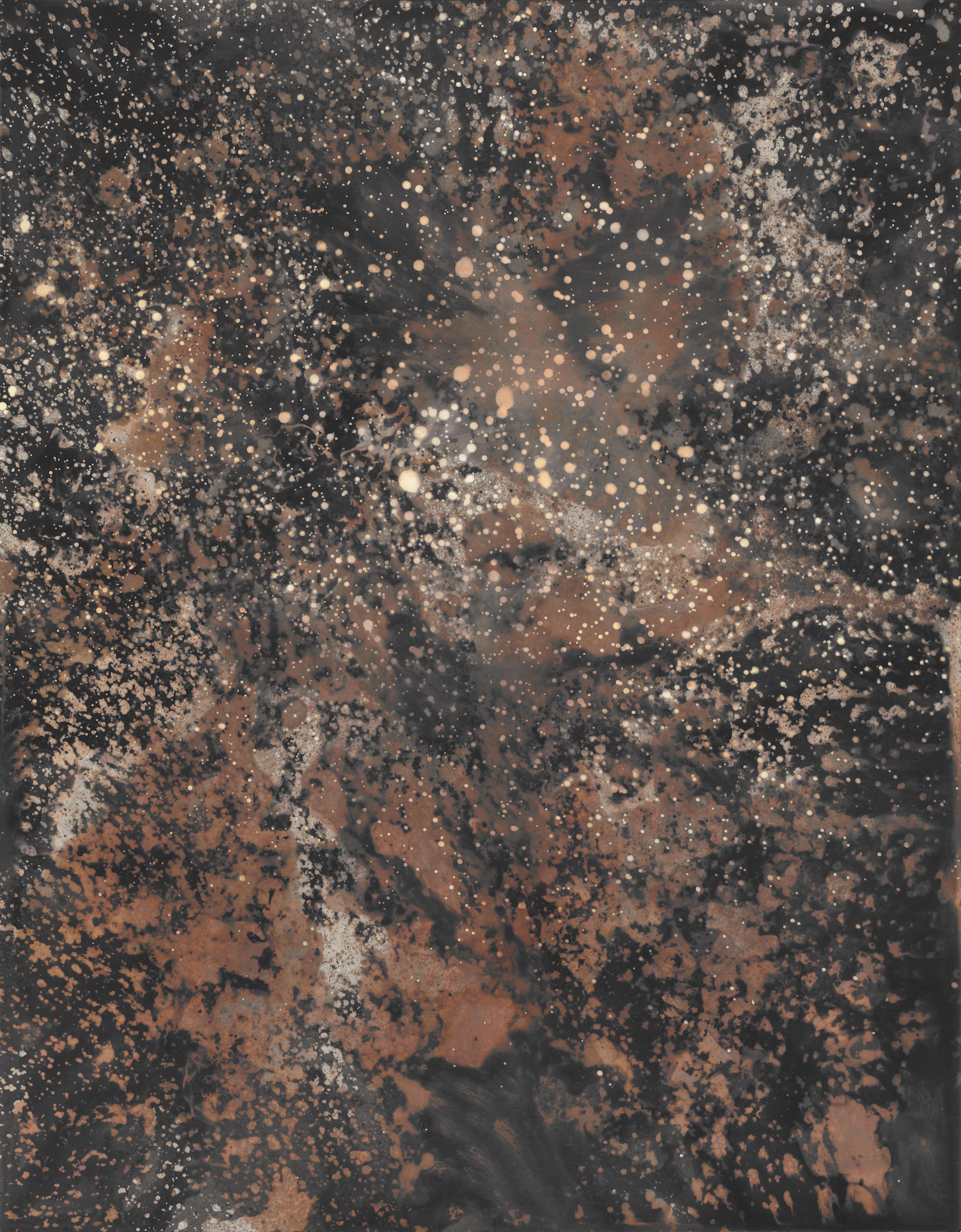 Abstract print with dark and light contrasting elements made by bubbling liquids and drips