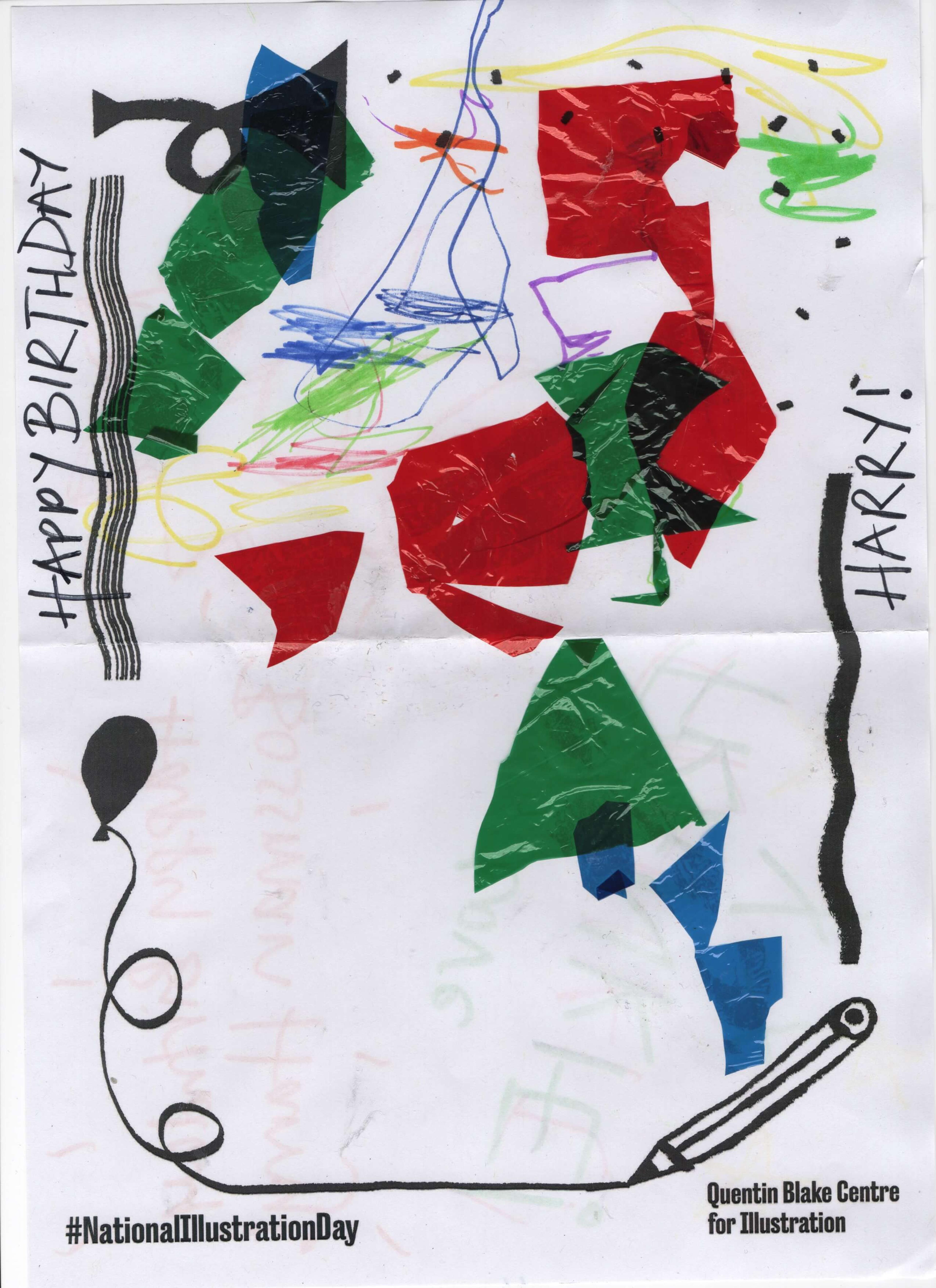 Abstract red, green and blue cellophane shapes with the words "Happy Birthday Harry!" written in black marker pen.
