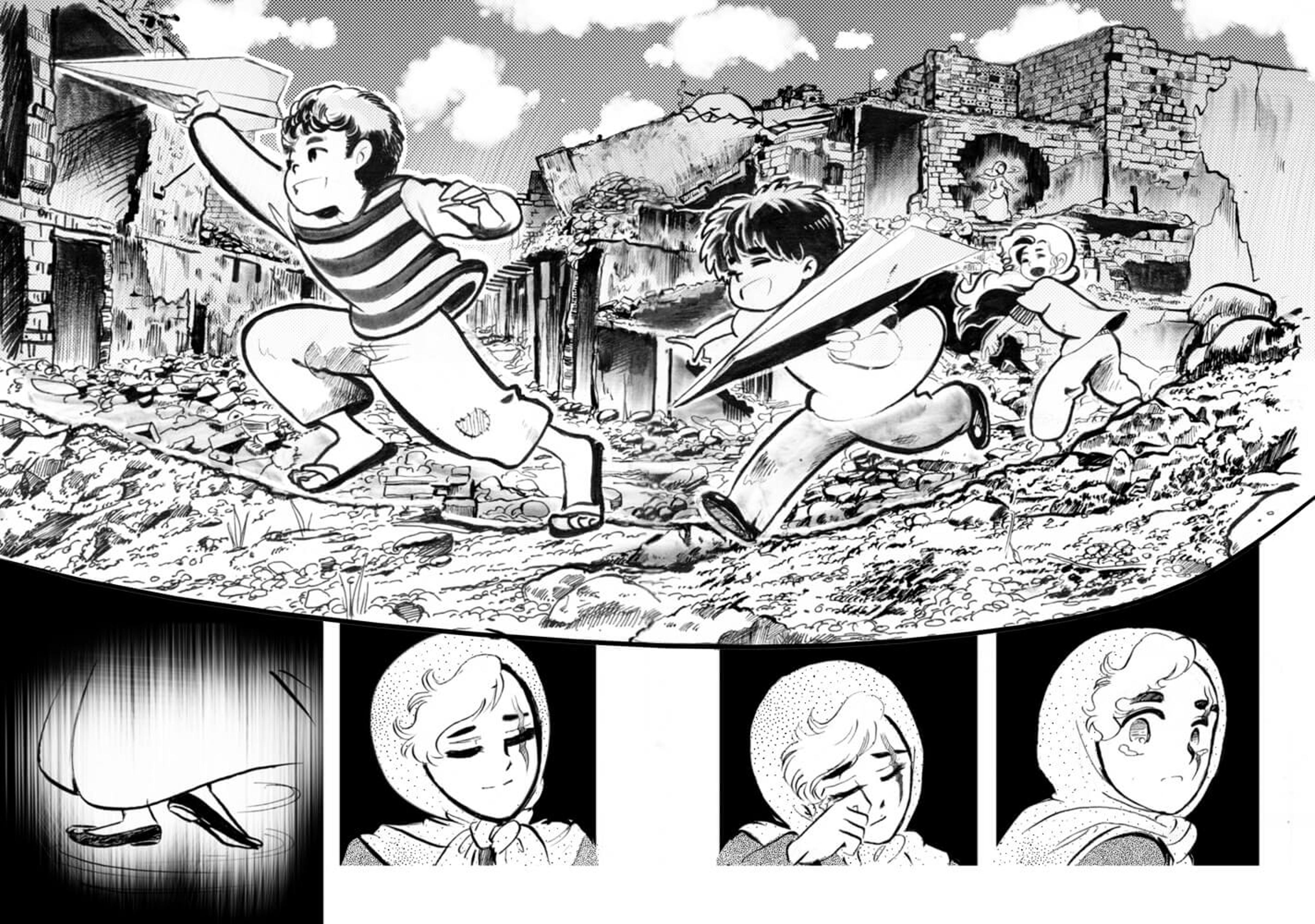 Illustration of three children playing with paper aeroplanes in rubble, beneath a sequence of images of a woman crying