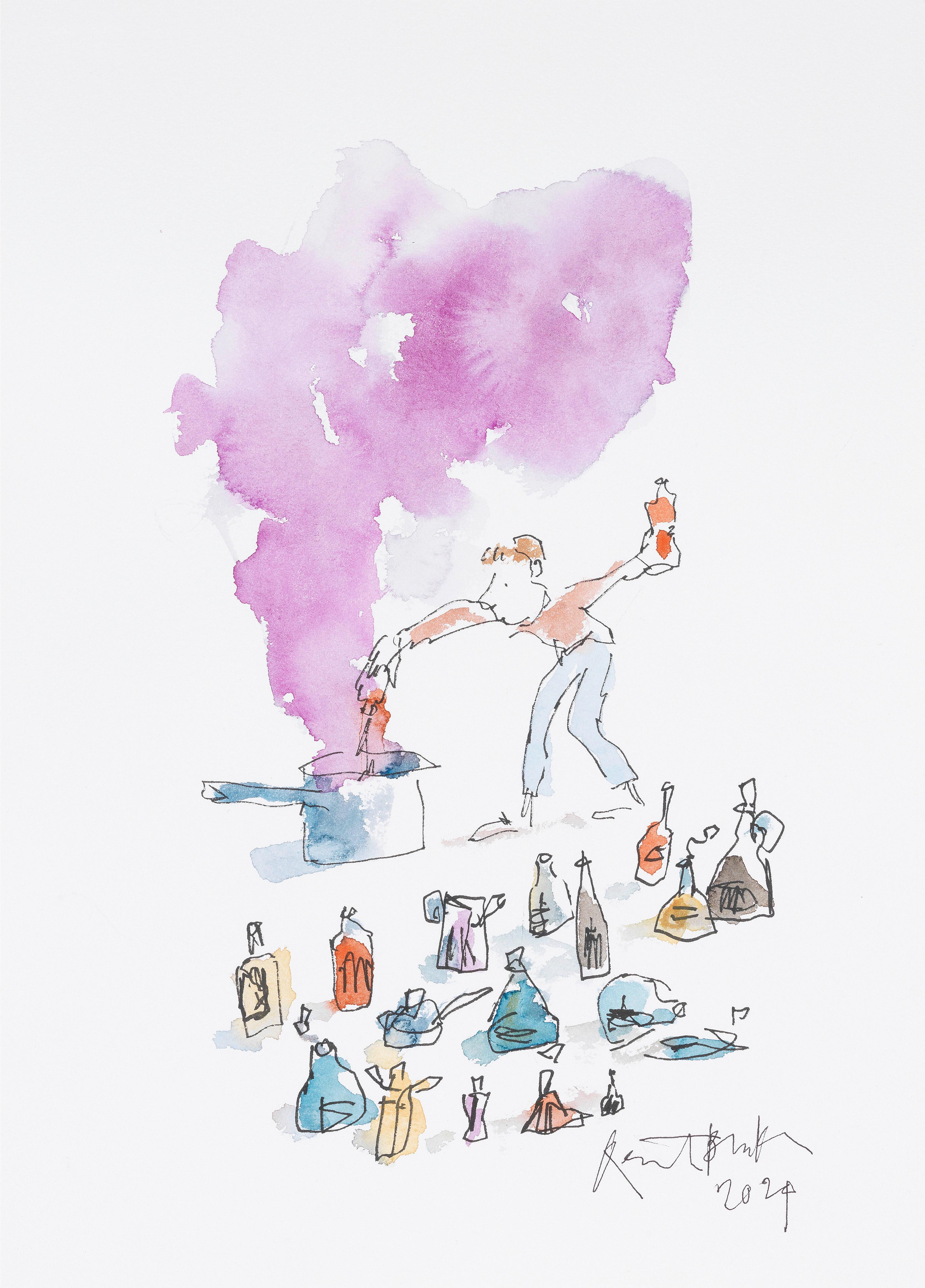 Illustration of a child surrounded by bottles, they are pouring the contents of one of the bottles into a big metal saucepan. Purple smoke is coming out of the pan.