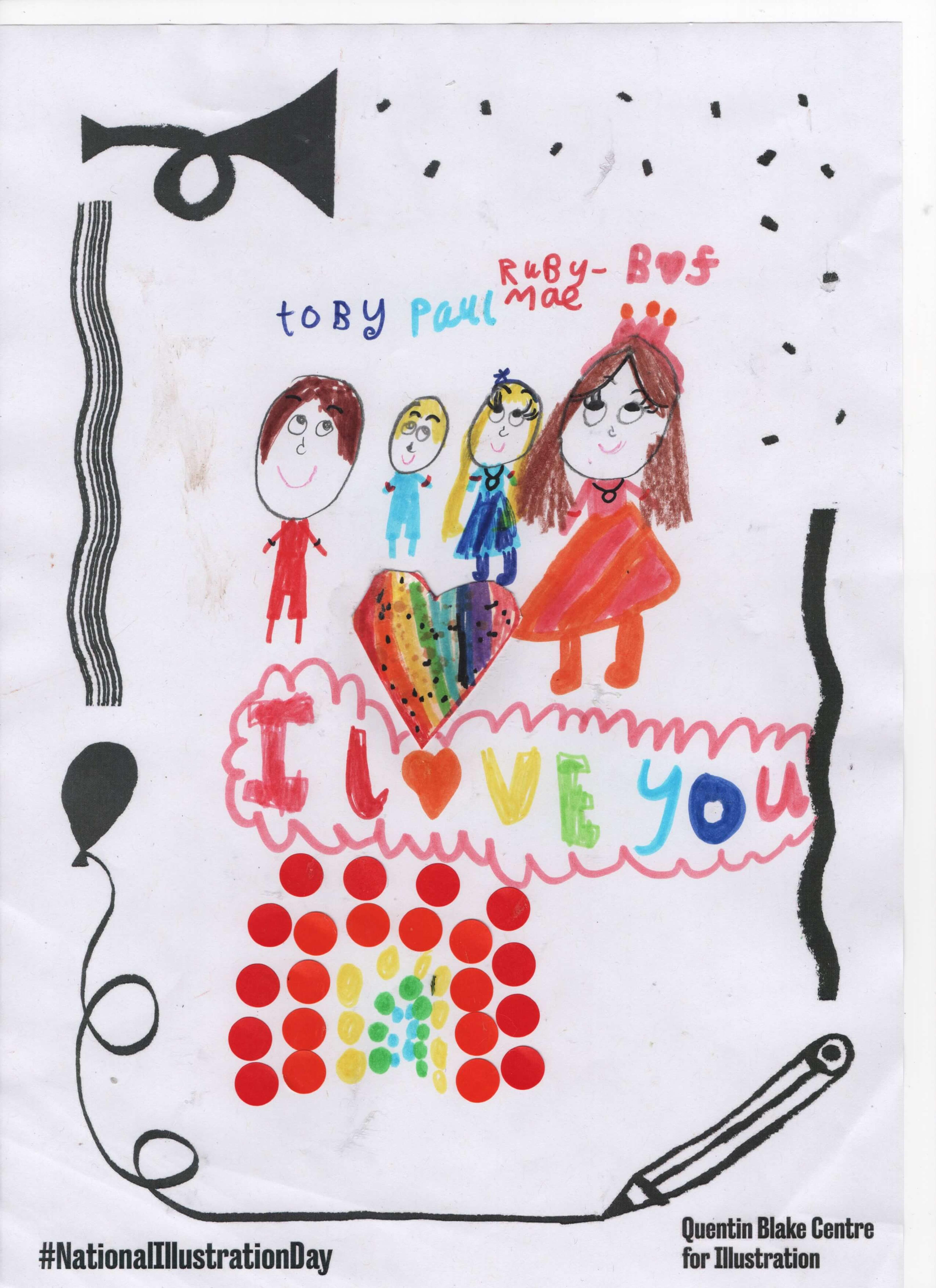 A colourful drawing with four smiling children with the names Toby, Paul, Ruby-Mae and BF written above them in a curly font. The picture includes a rainbow heart and the words 'I love you' written in rainbow colours. 