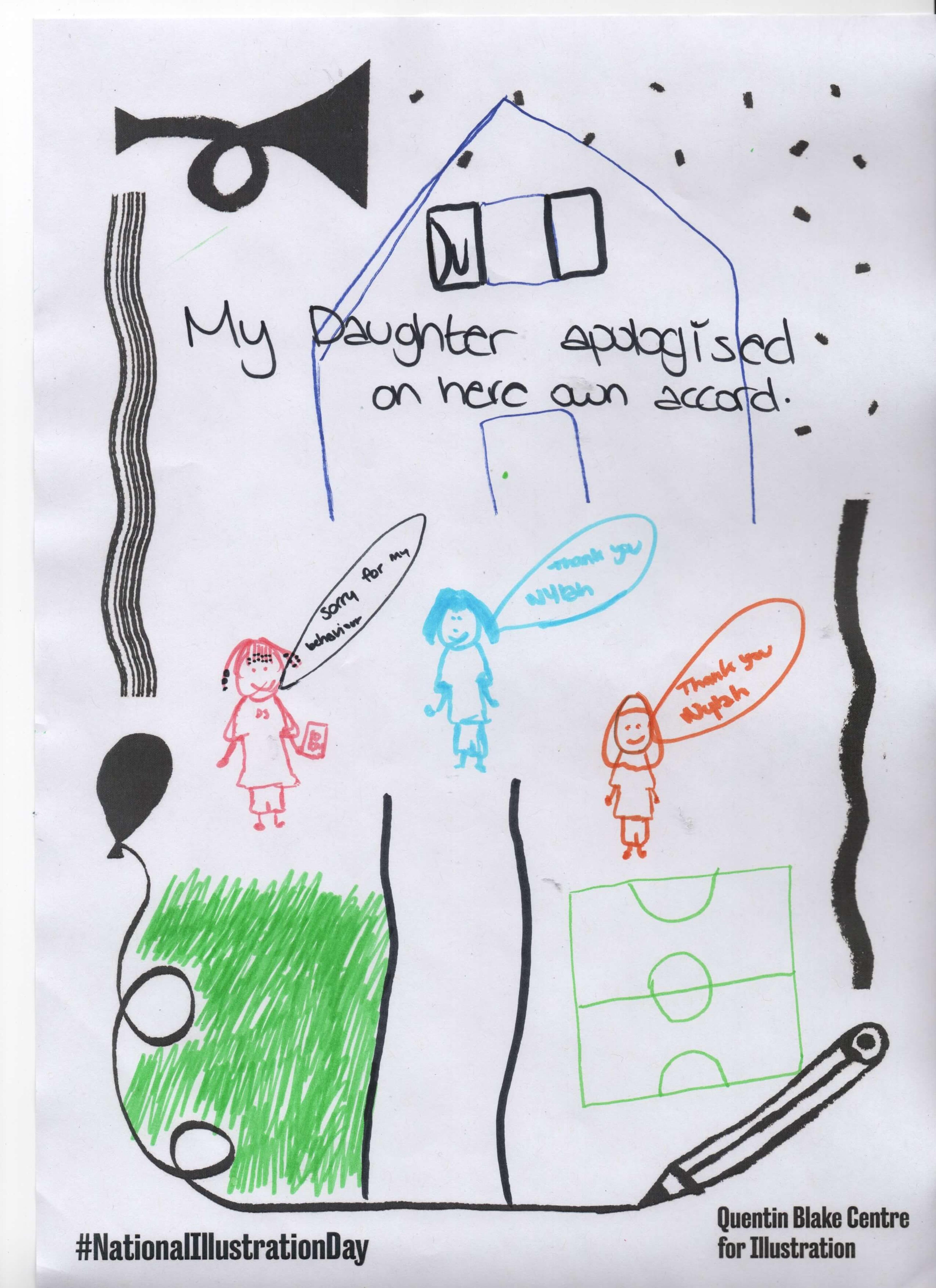 A child's drawing showing three figures standing in front of a house. The drawing includes the description text "my daughter apologised on her own accord." There are speech bubbles linked to each figure with the words "Sorry for my behaviour" and "thank you Nyah".