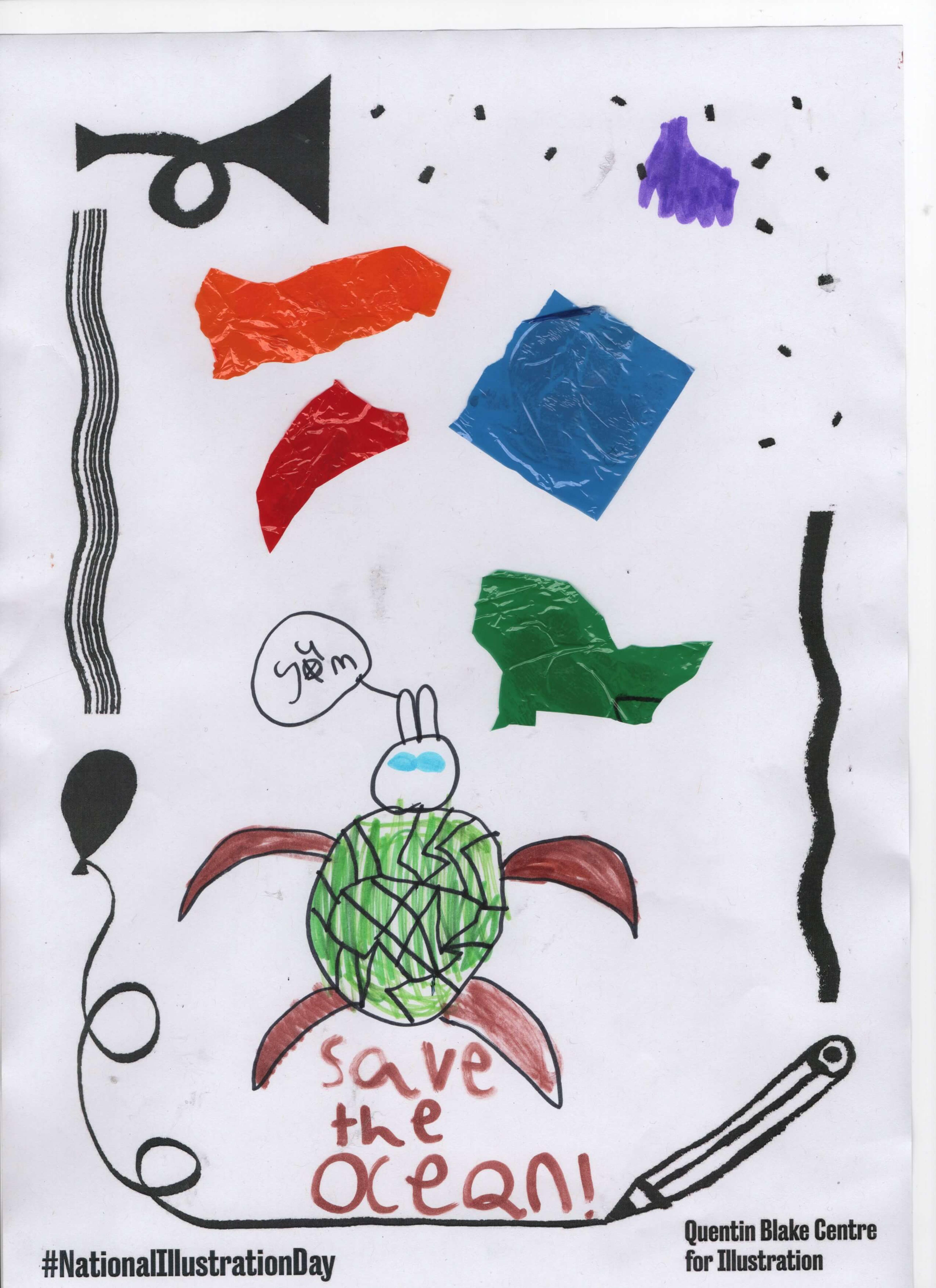 Child's drawing of a turtle swimming towards stuck-on pieces of colourful cellophane with a speech bubble that says "yum". The picture includes the words "save the ocean".