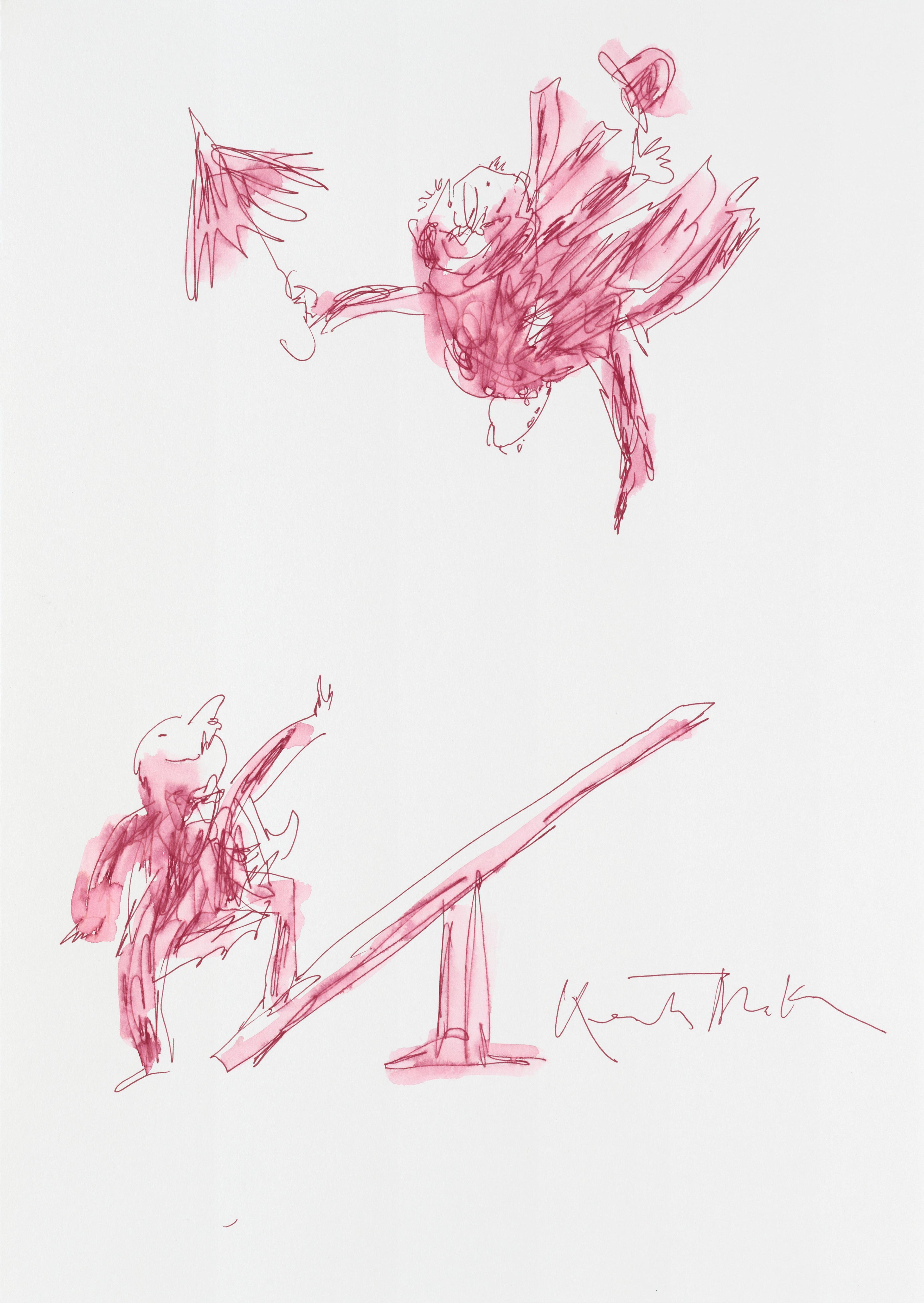 An illustration in red ink and red watercolour of two men, one is standing on the end of a see-saw while the other flies up into the air, holding a bowler hat and umbrella