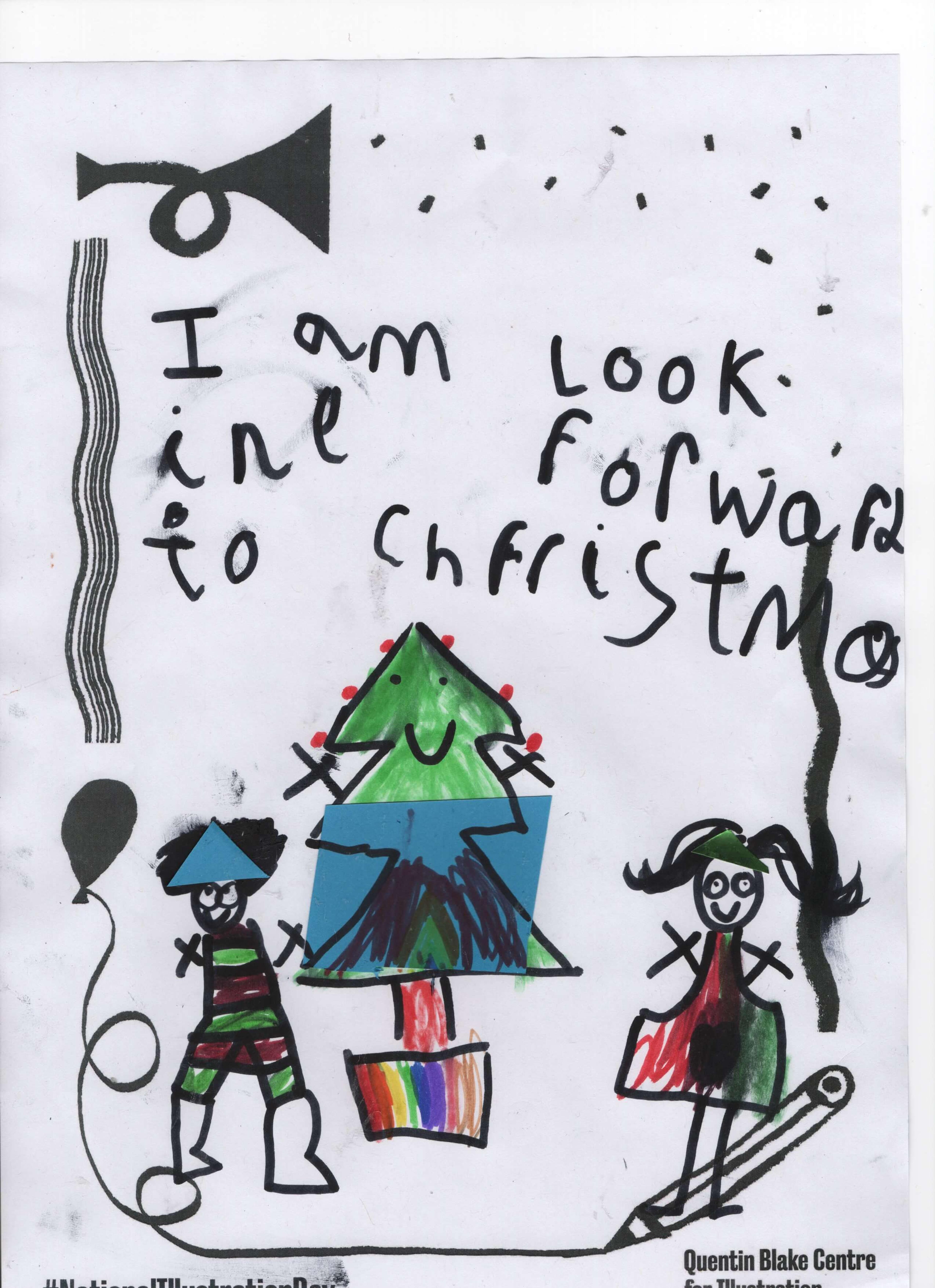 A joyful marker drawing of two children and a Christmas tree. The picture includes the phrase "I am looking forward to Christmas" in a child's handwriting.