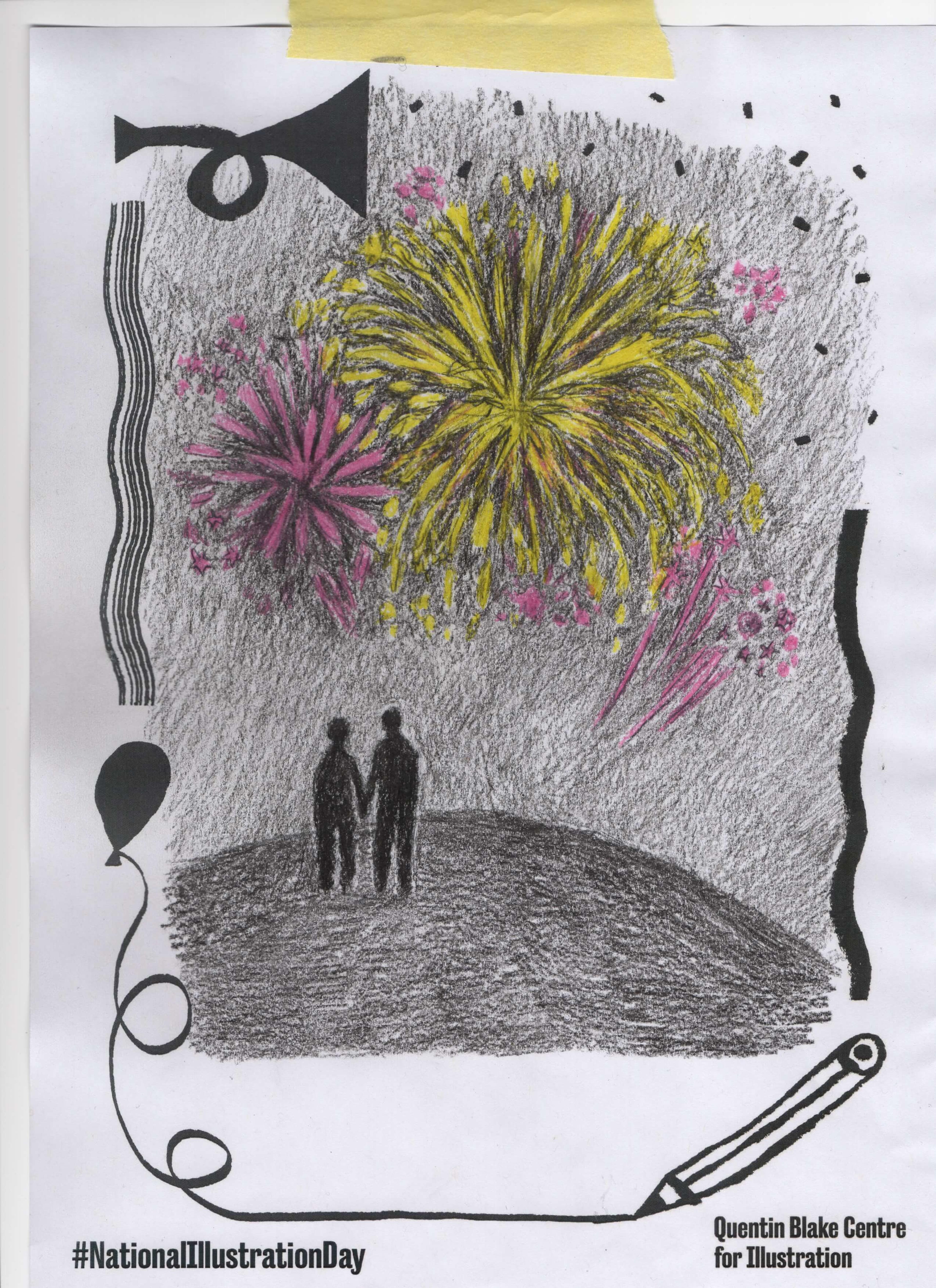 Full-colour coloured pencil illustration of two silhouettes looking up at the night sky illuminated by fireworks. 
