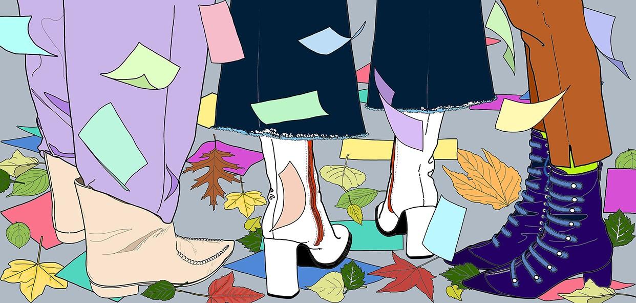 Illustration of people wearing various types of boots.