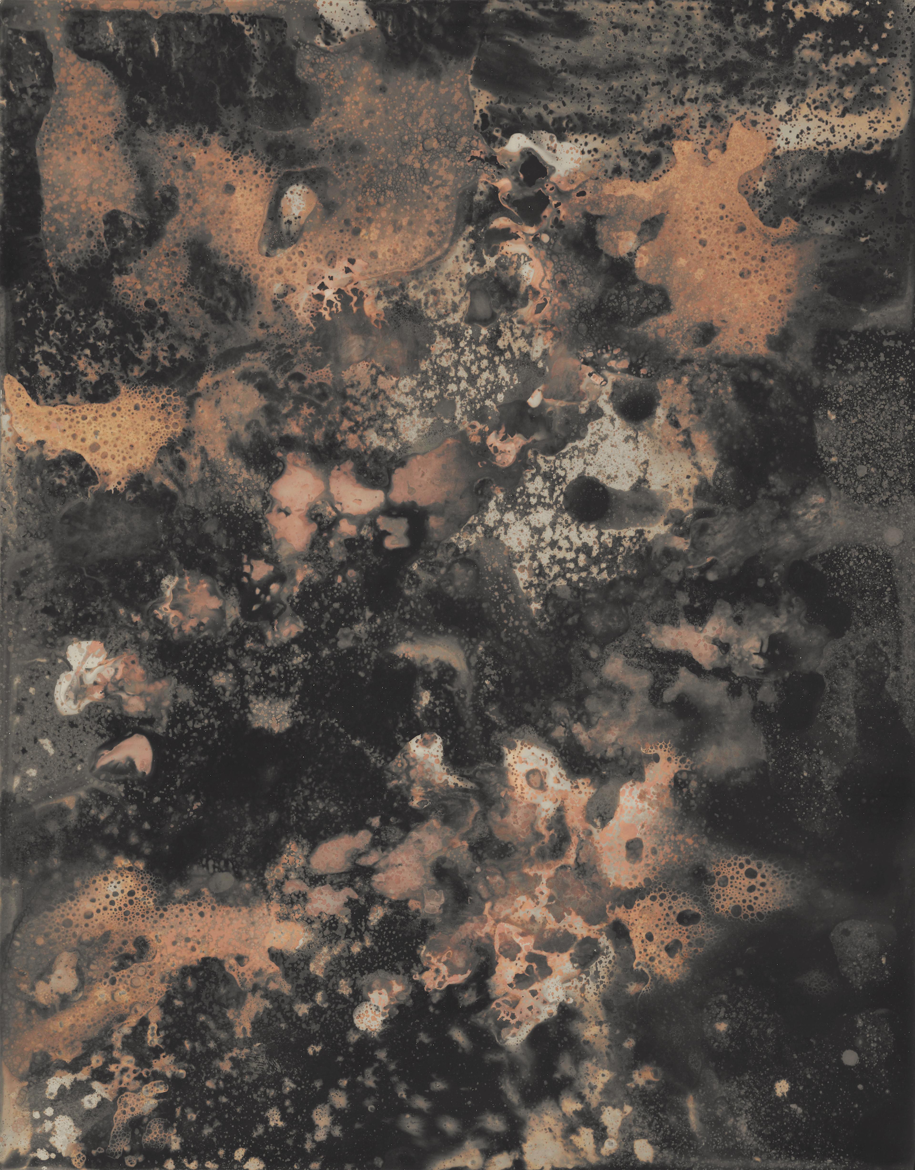 Abstract print with dark and light contrasting elements made by bubbling liquids and drips