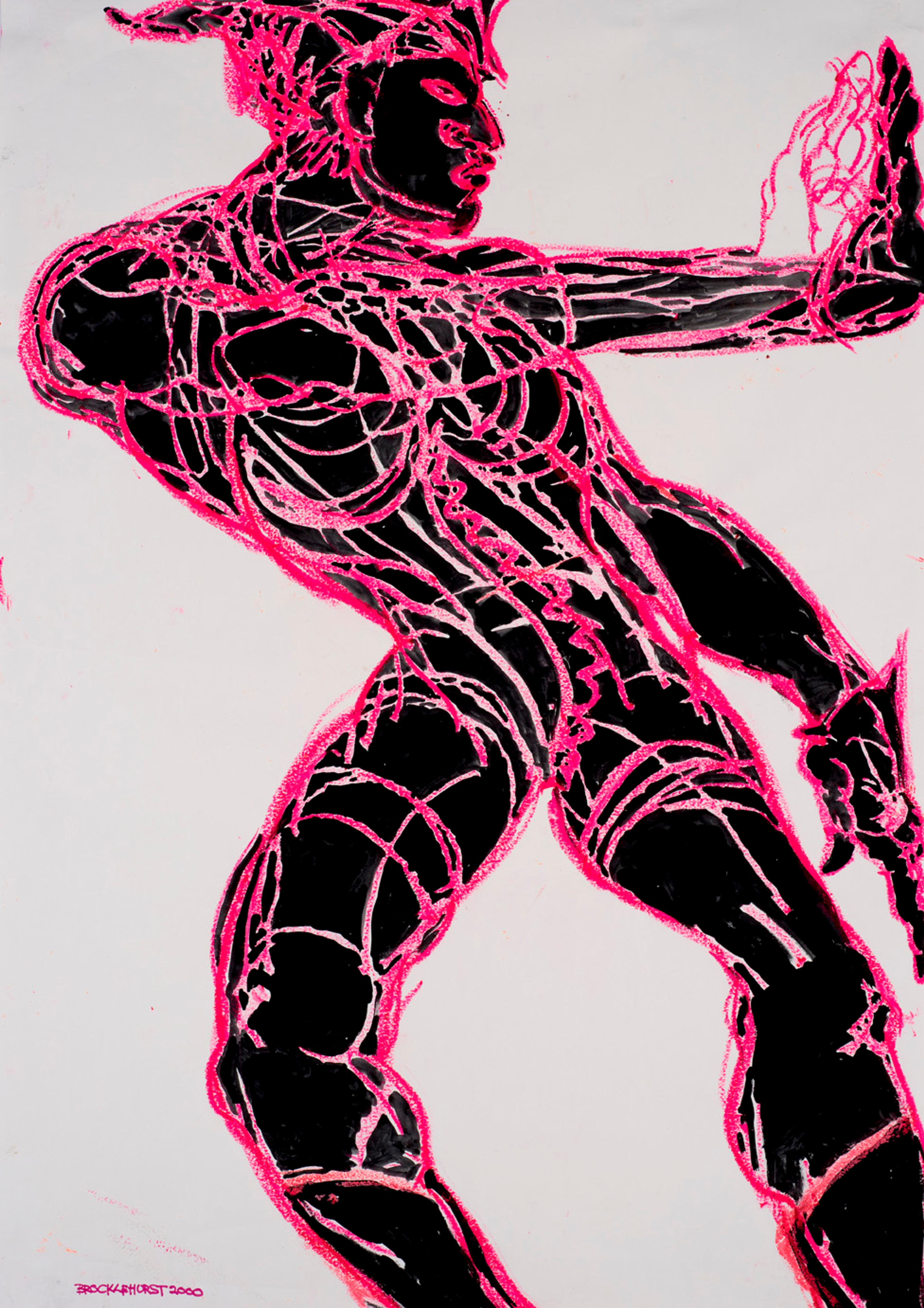 A drawing of a person dancing dressed in a black bodysuit, gloves, hat and boots. The whole figure is coloured black and drawn with pink lines on white paper.