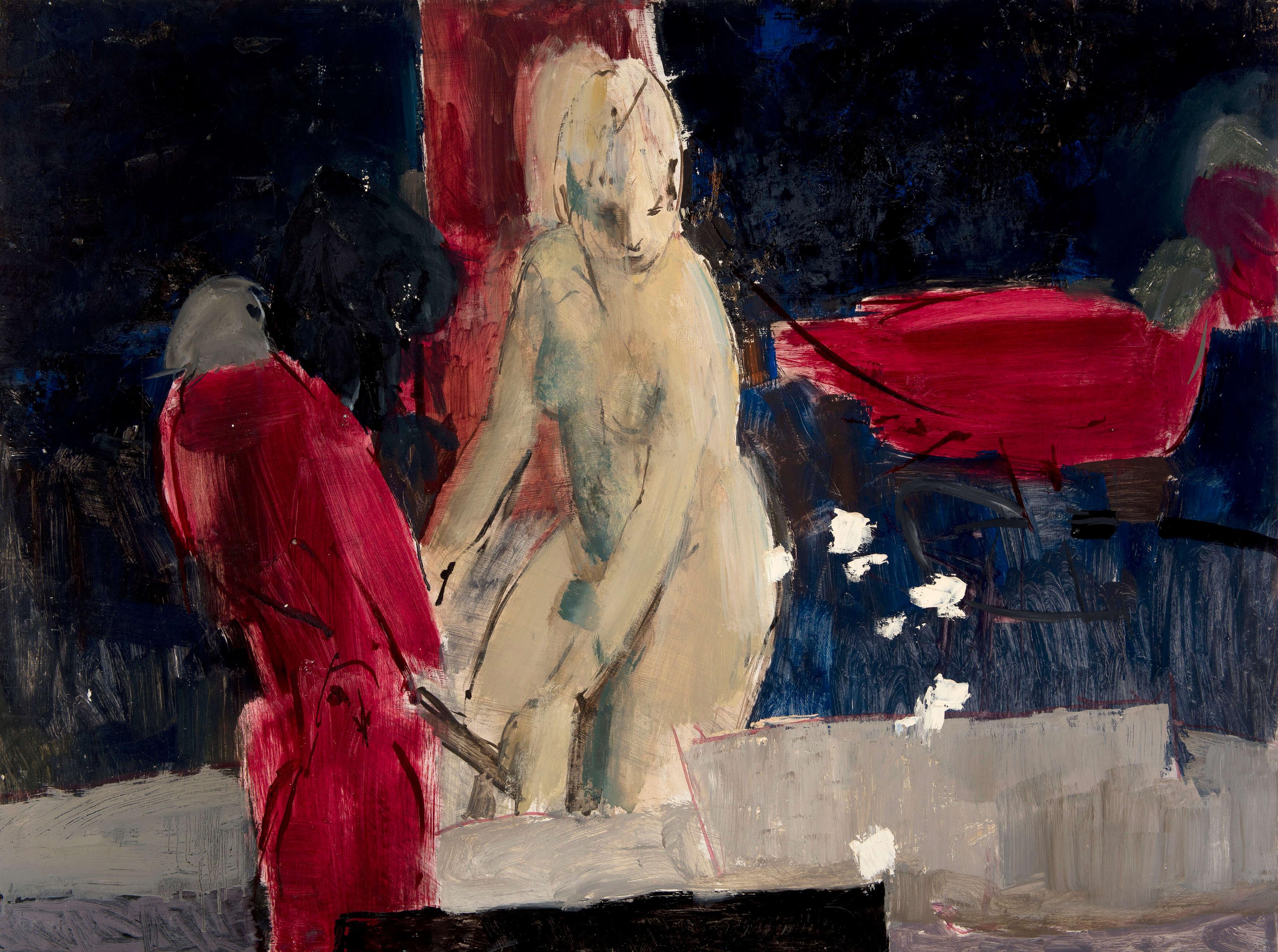 An expressive painting featuring two figures set against a dark background