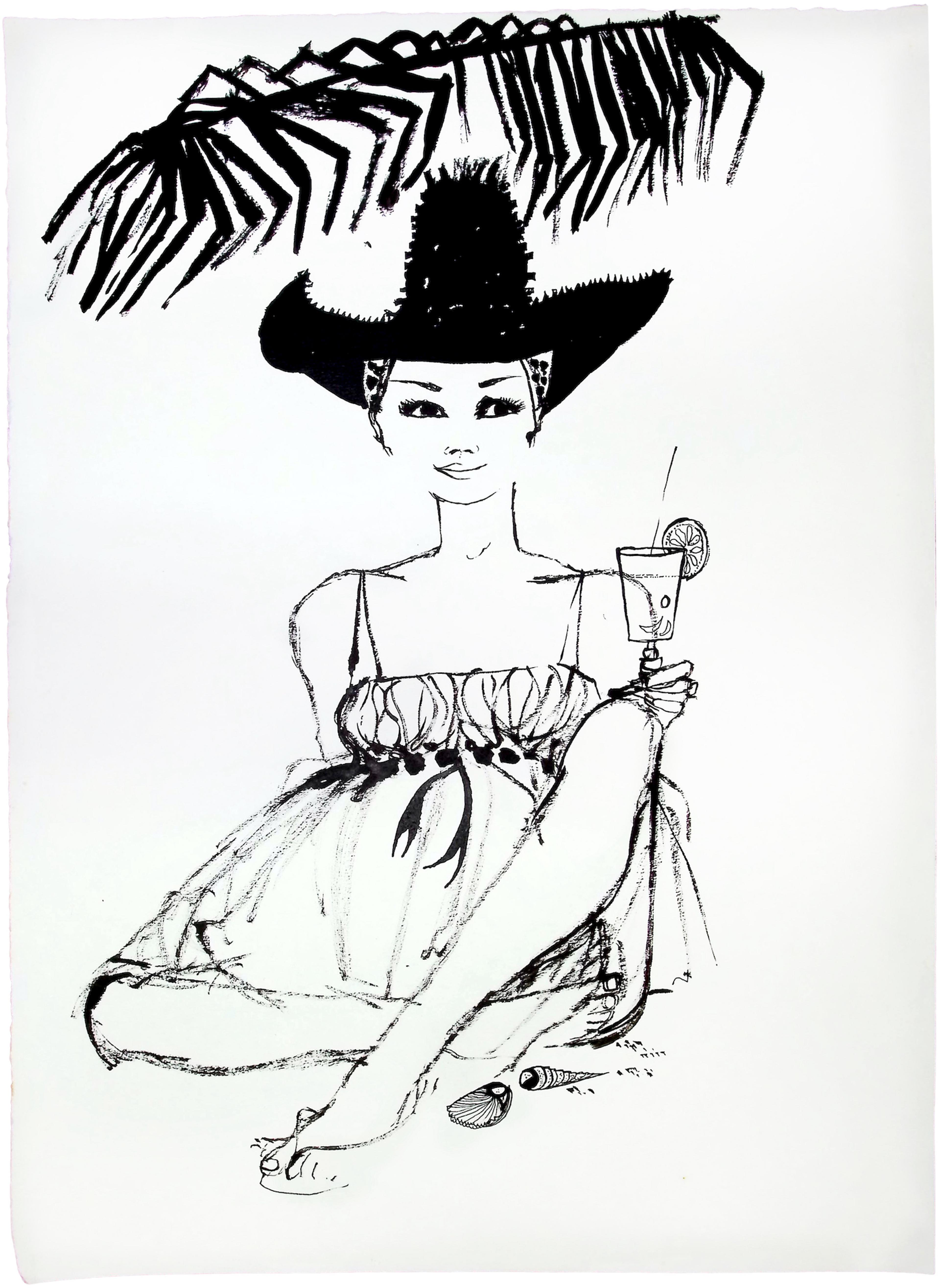 A black and white drawing of a woman in a business jacket and hat, sitting at a bar