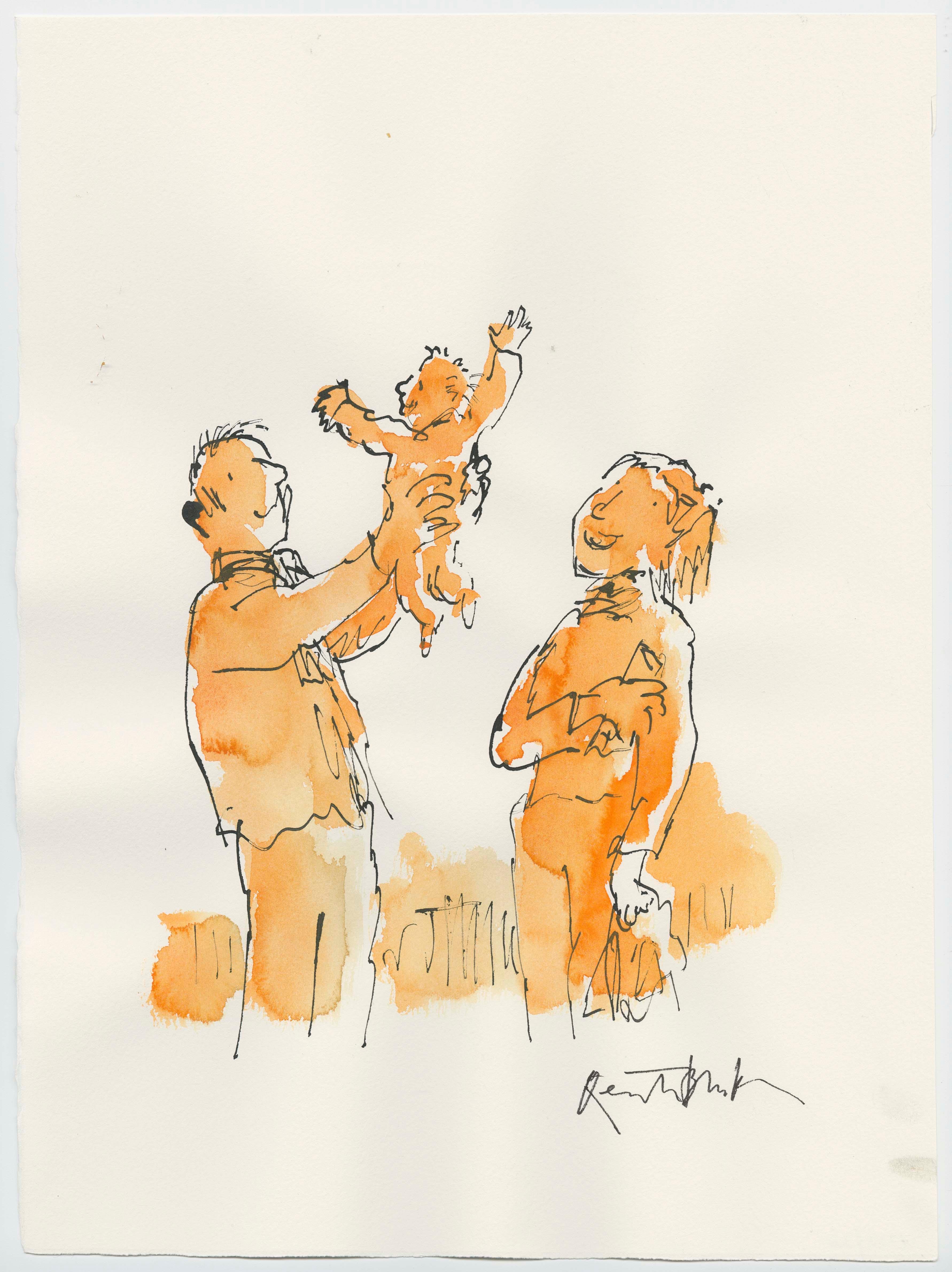 An illustration in black ink and orange watercolour depicting a man lifting a young baby up above him. The baby is lifting its hands up in the air in delight. The baby's mother is watching and smiling. 
