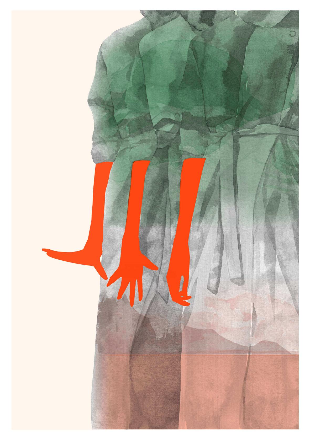 Painterly illustration of a repeated drawing of a models body, wearing a belted coat, with bright red arms and hands making different shapes.