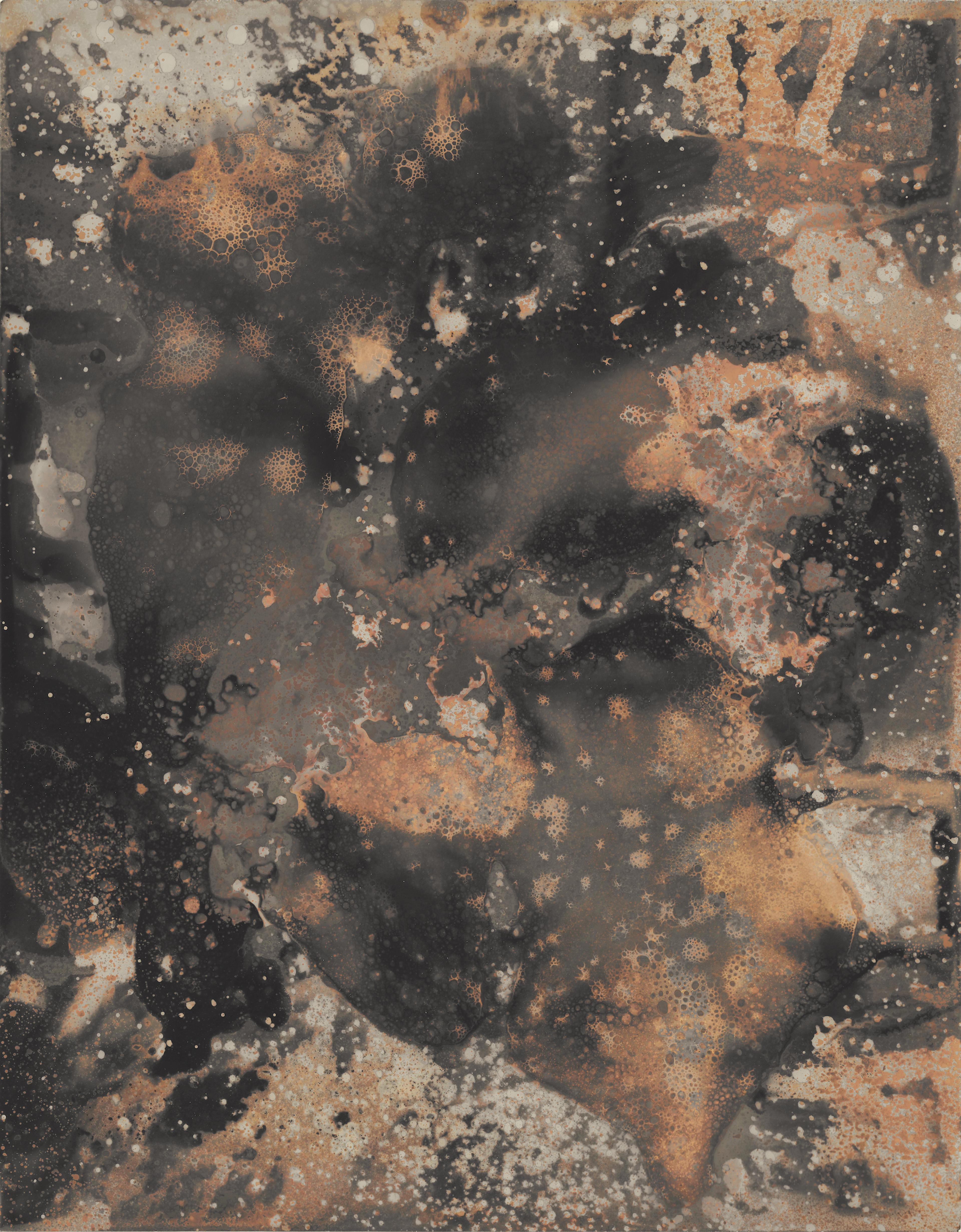 Abstract print with dark and light contrasting elements made by bubbling liquids and drips