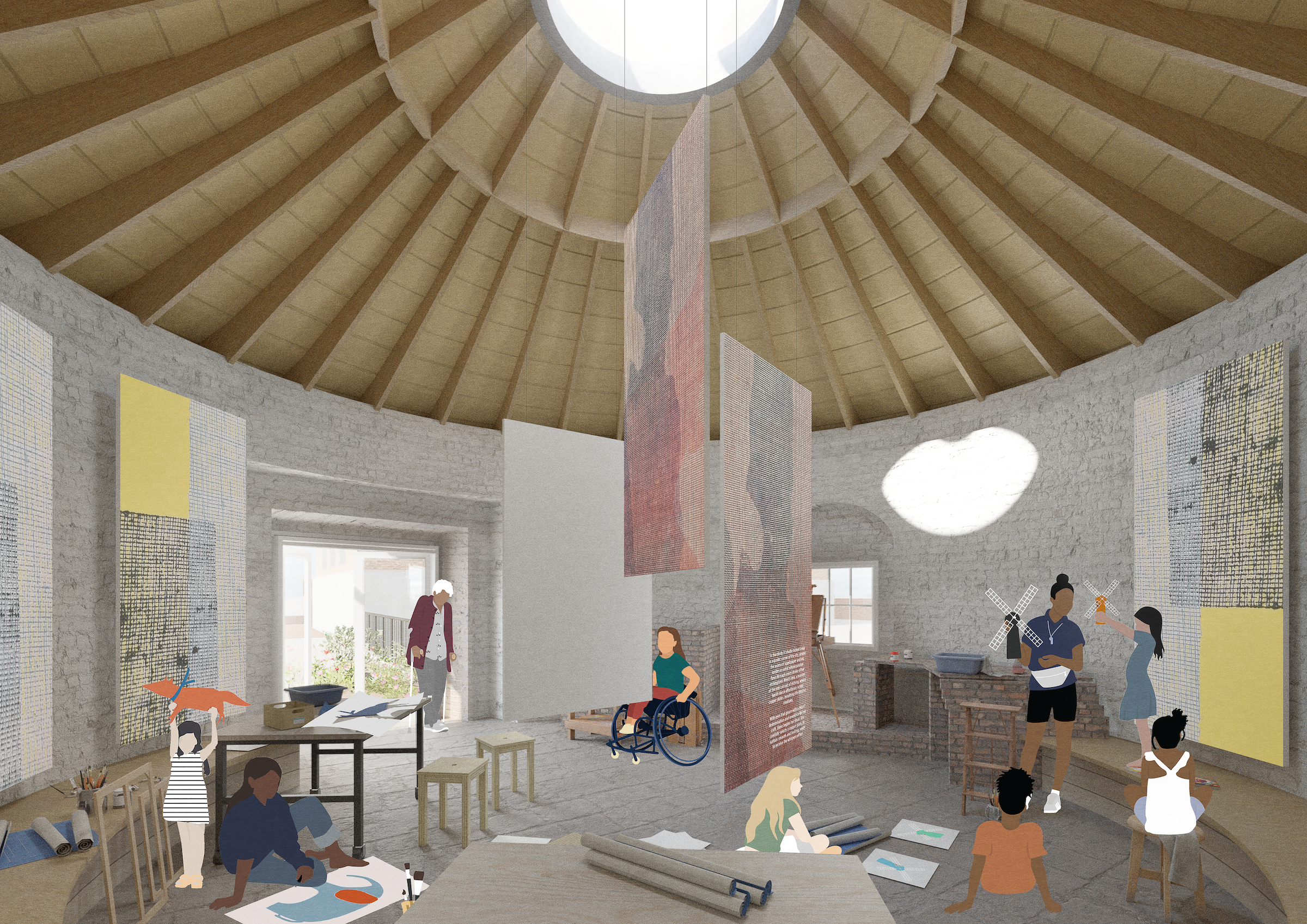 People doing creative activities in a round building