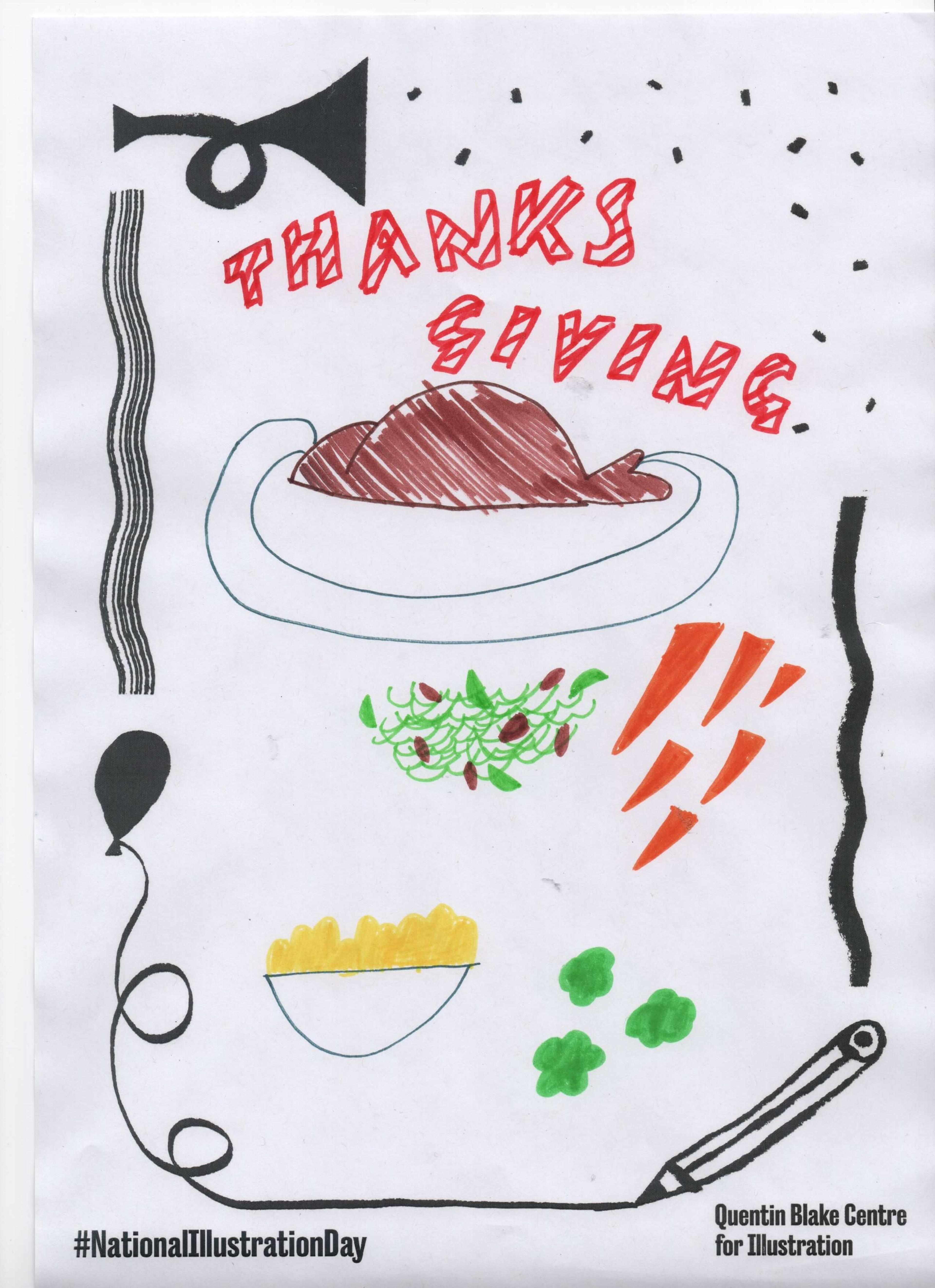Drawing of a turkey, brussels sprouts and a bowl of sweet potatoes with the word "Thanksgiving" written in red bubble text.