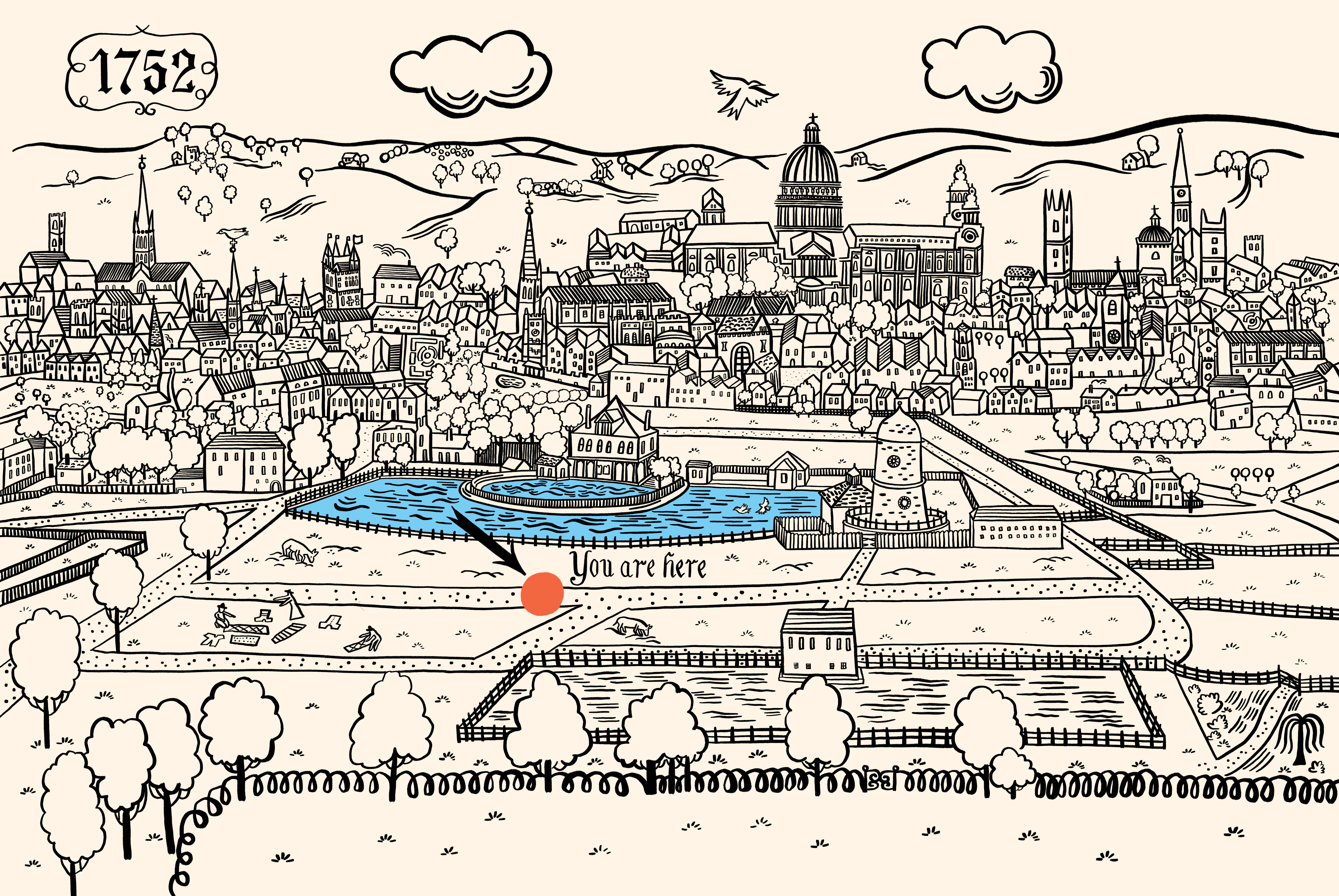 Nina Chakrabarti's recreation of New River Head site map in 1752, depicted using graphic black linework against an off-white background. We can see the London skyline in the distance. The only points of colour are the blue New River and a red dot labelled "you are here".