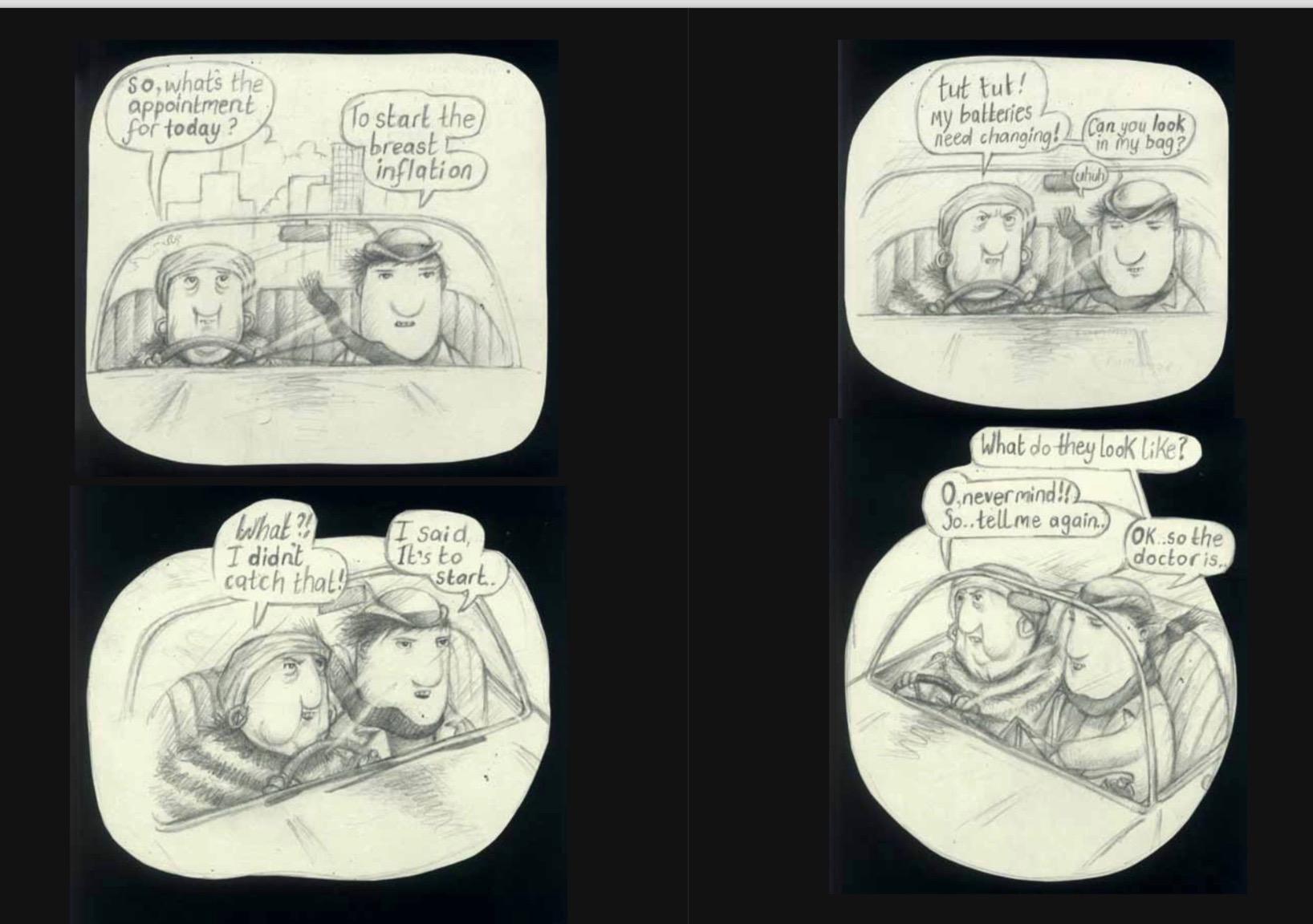 Illustration from page of graphic novel showing two figures driving in car.