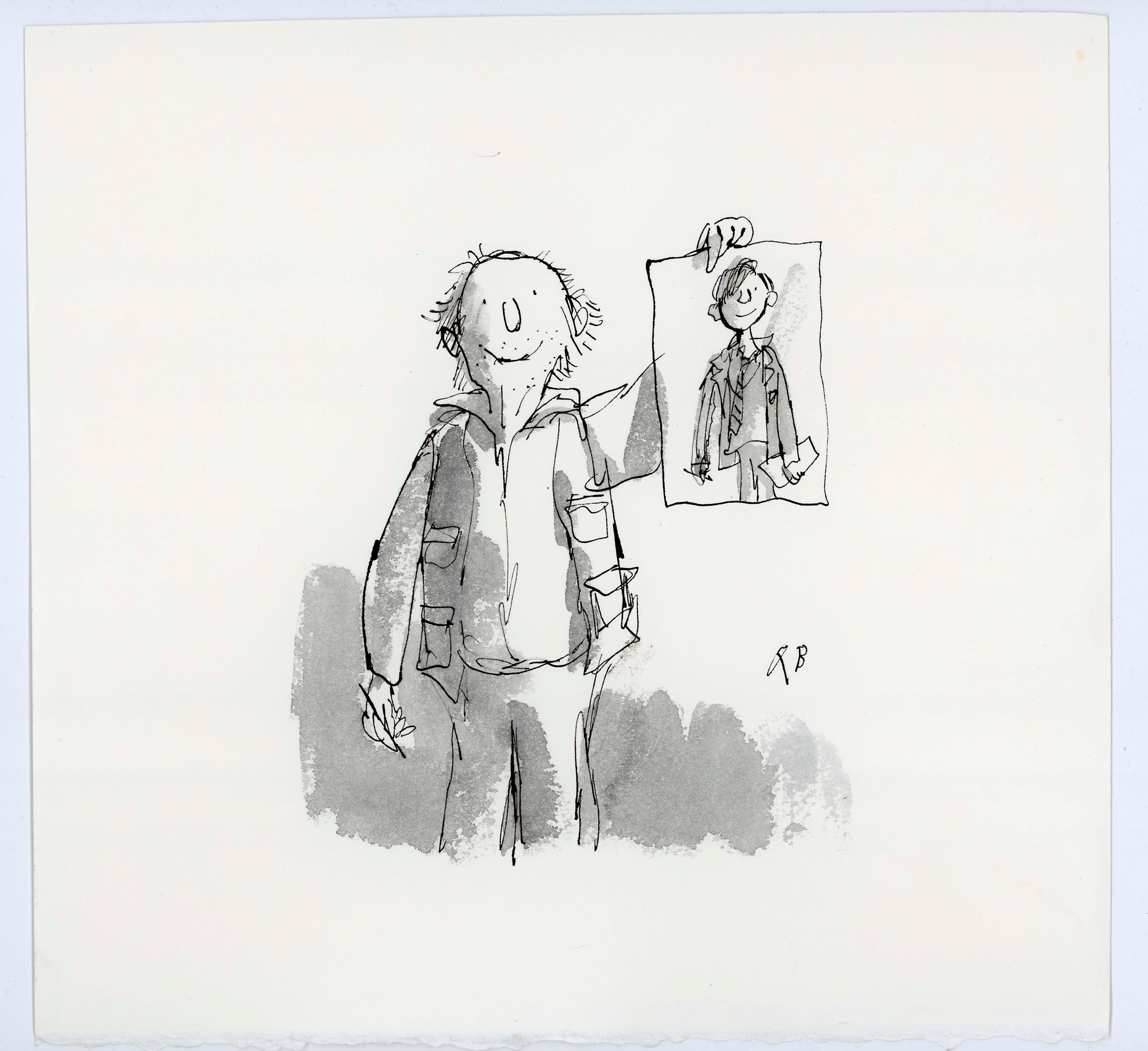 An illustration in black ink of a man standing face-on, holding up a portrait of himself in front of him