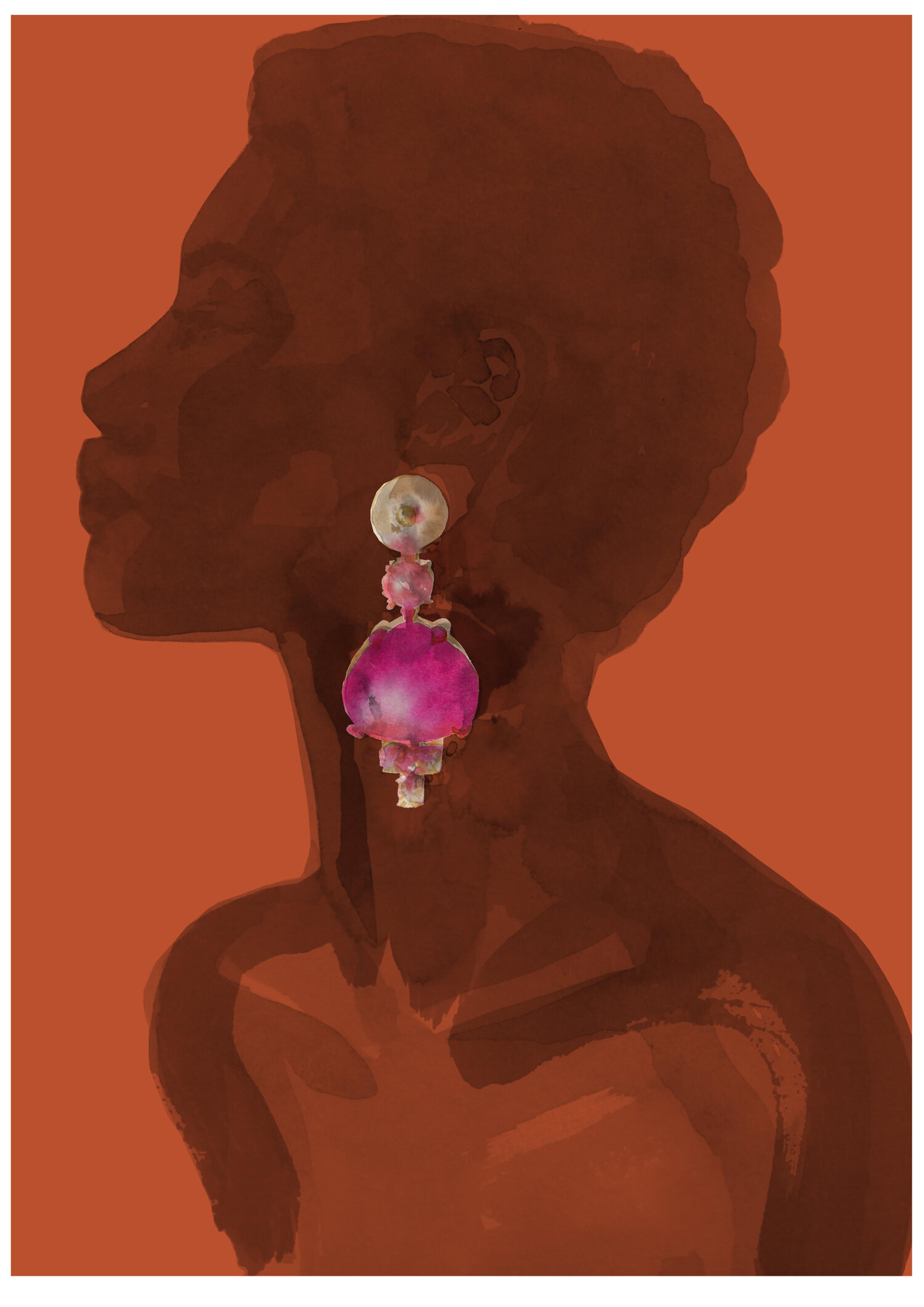 Illustration of the side of a fashion model's head, they are wearing a large elaborate earring.