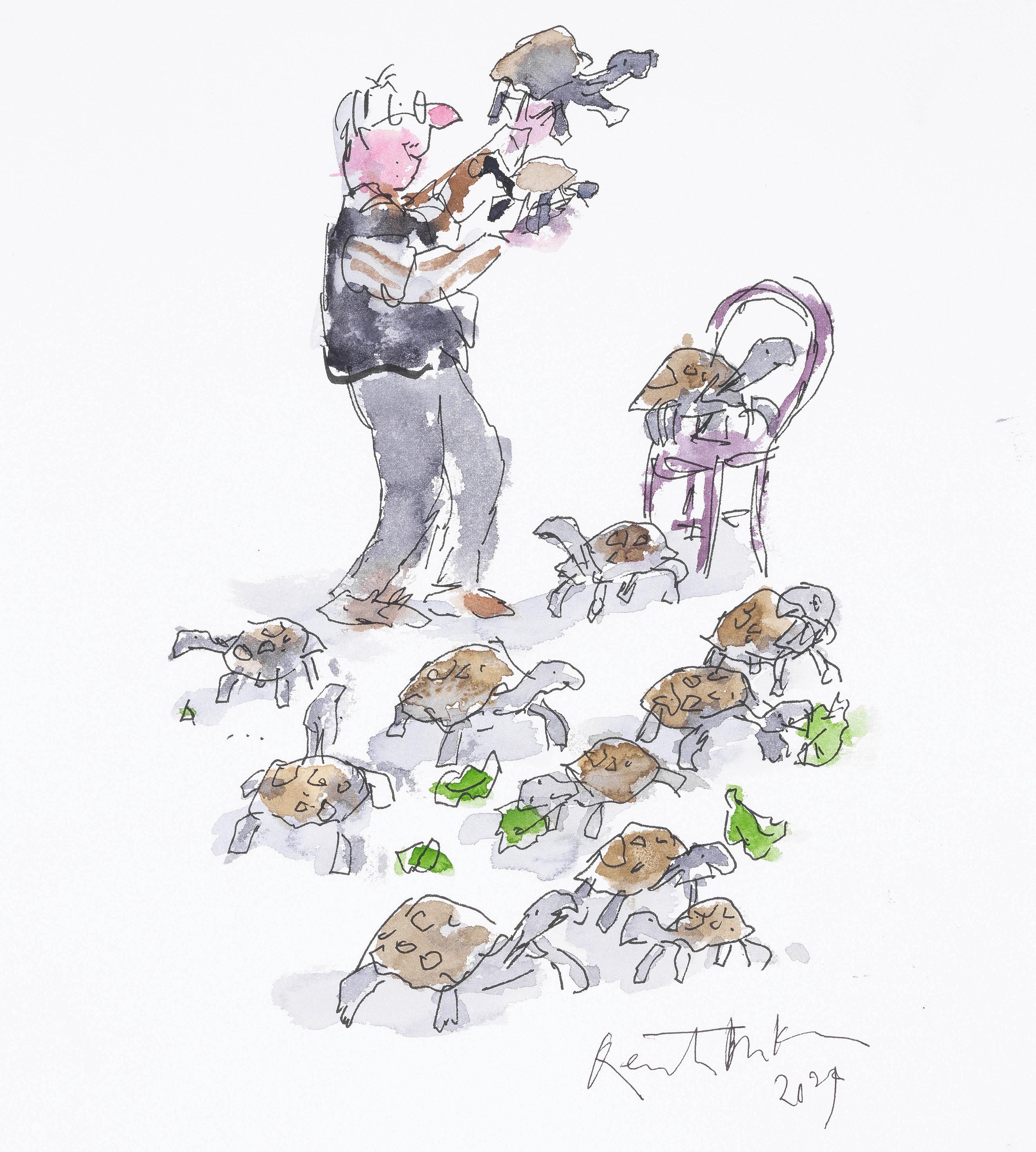 Illustration of a person surrounded by tortoises. They are standing by a chair with tortoises on and they are holding up a tortoise.