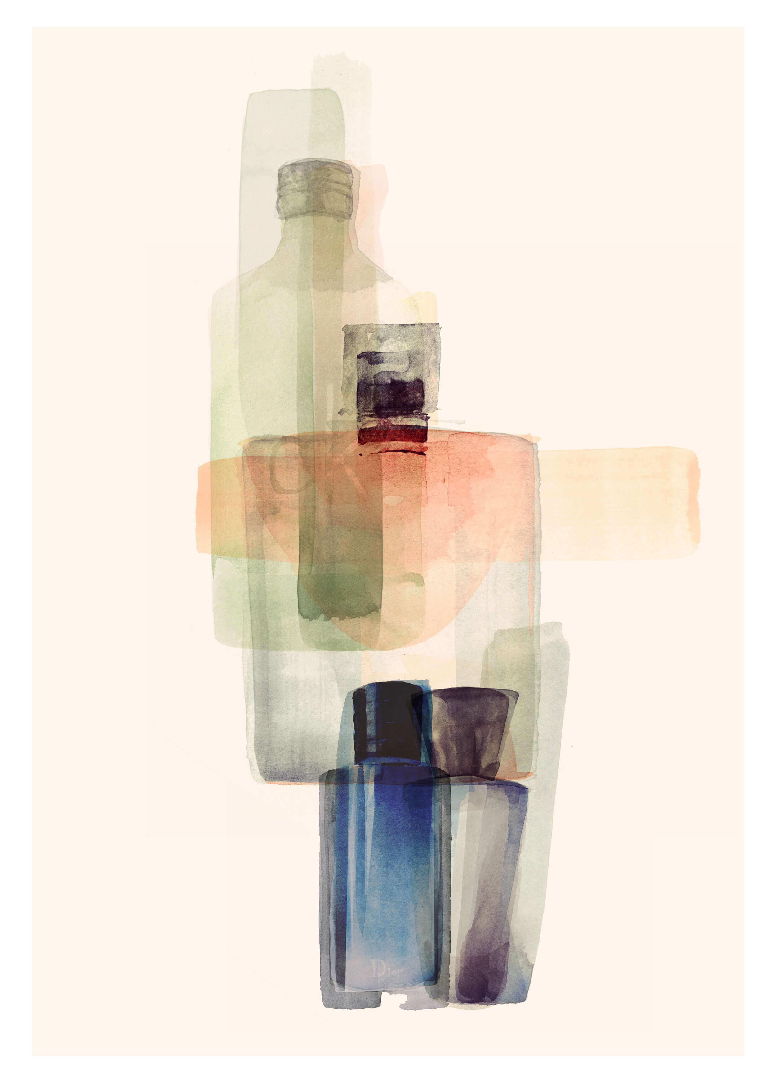 Painterly illustration of perfume bottles layered over each other.