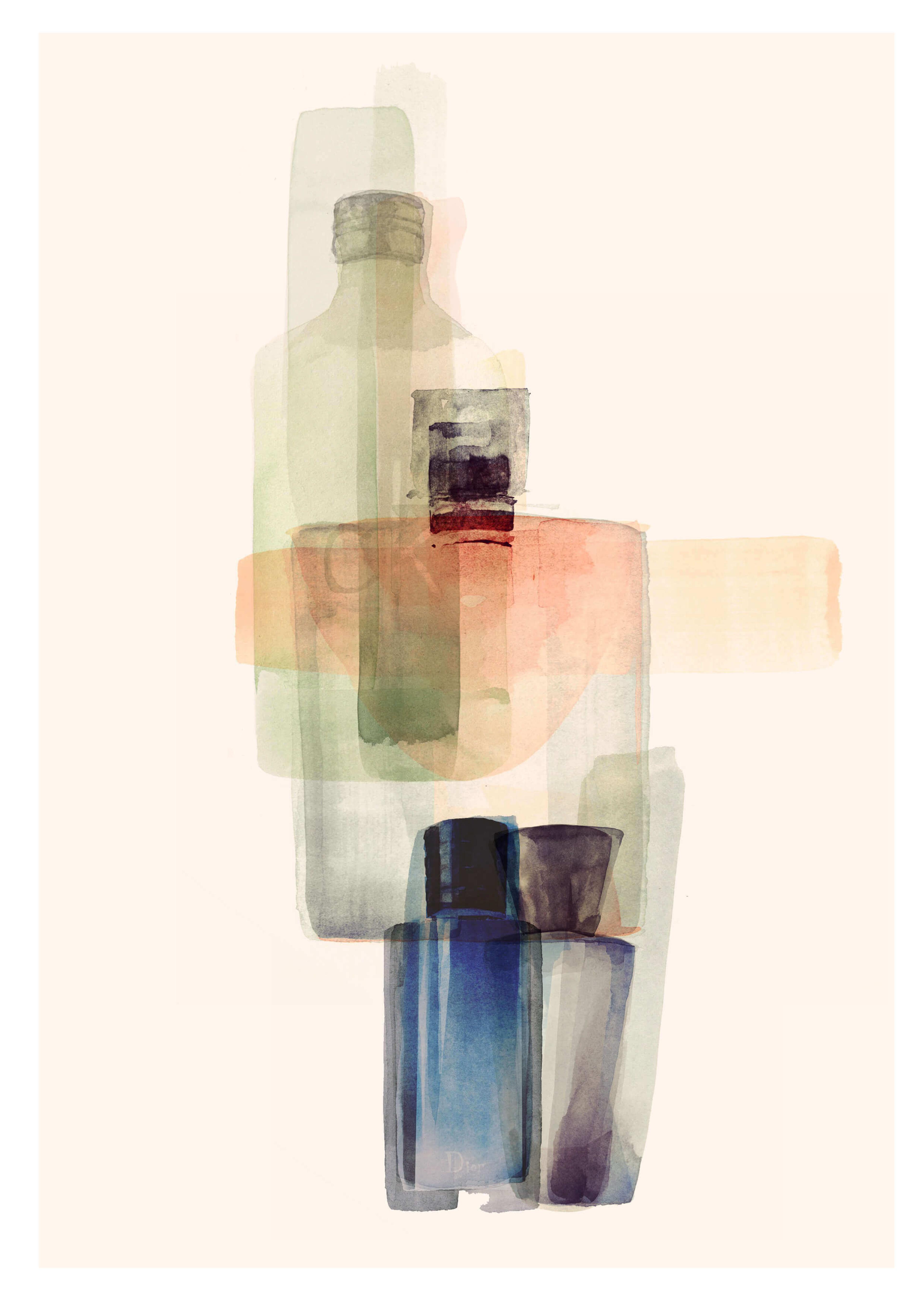 Painterly illustration of perfume bottles layered over each other.