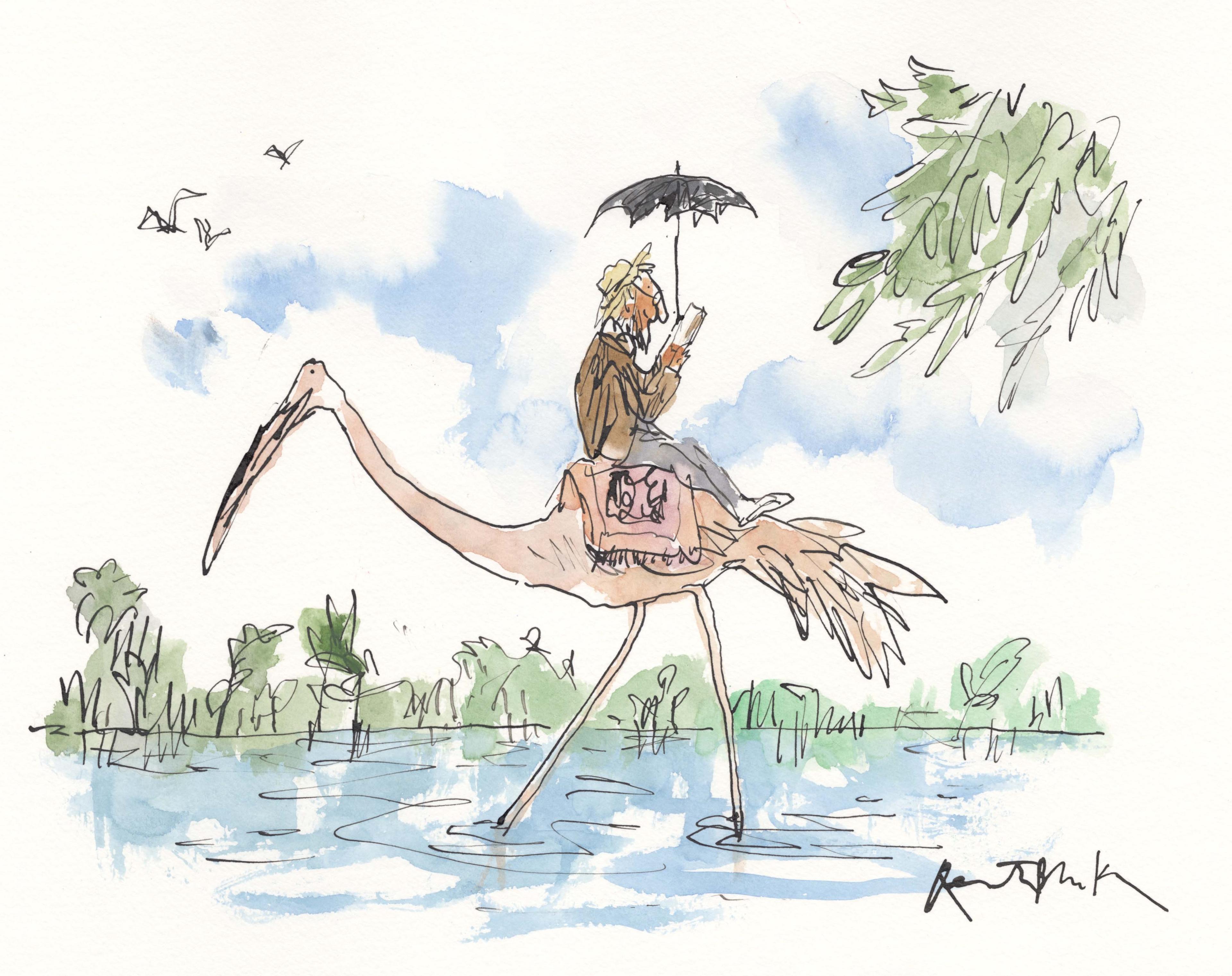 Illustration of a person riding on the back of a wading bird reading