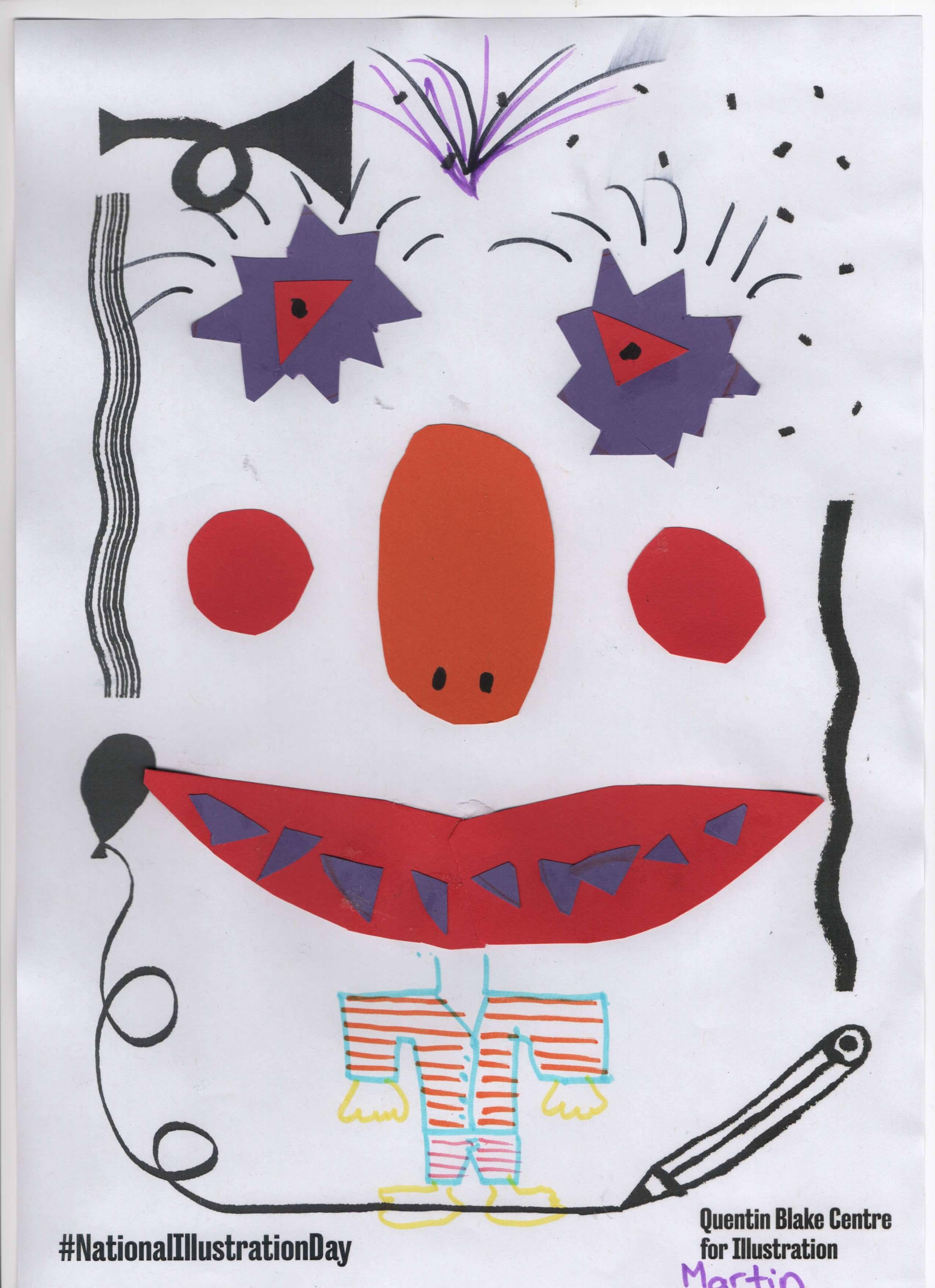 A collaged clown face taking up a full A4 sheet of paper with a small body dressed in striped clothes drawn in marker pen. 