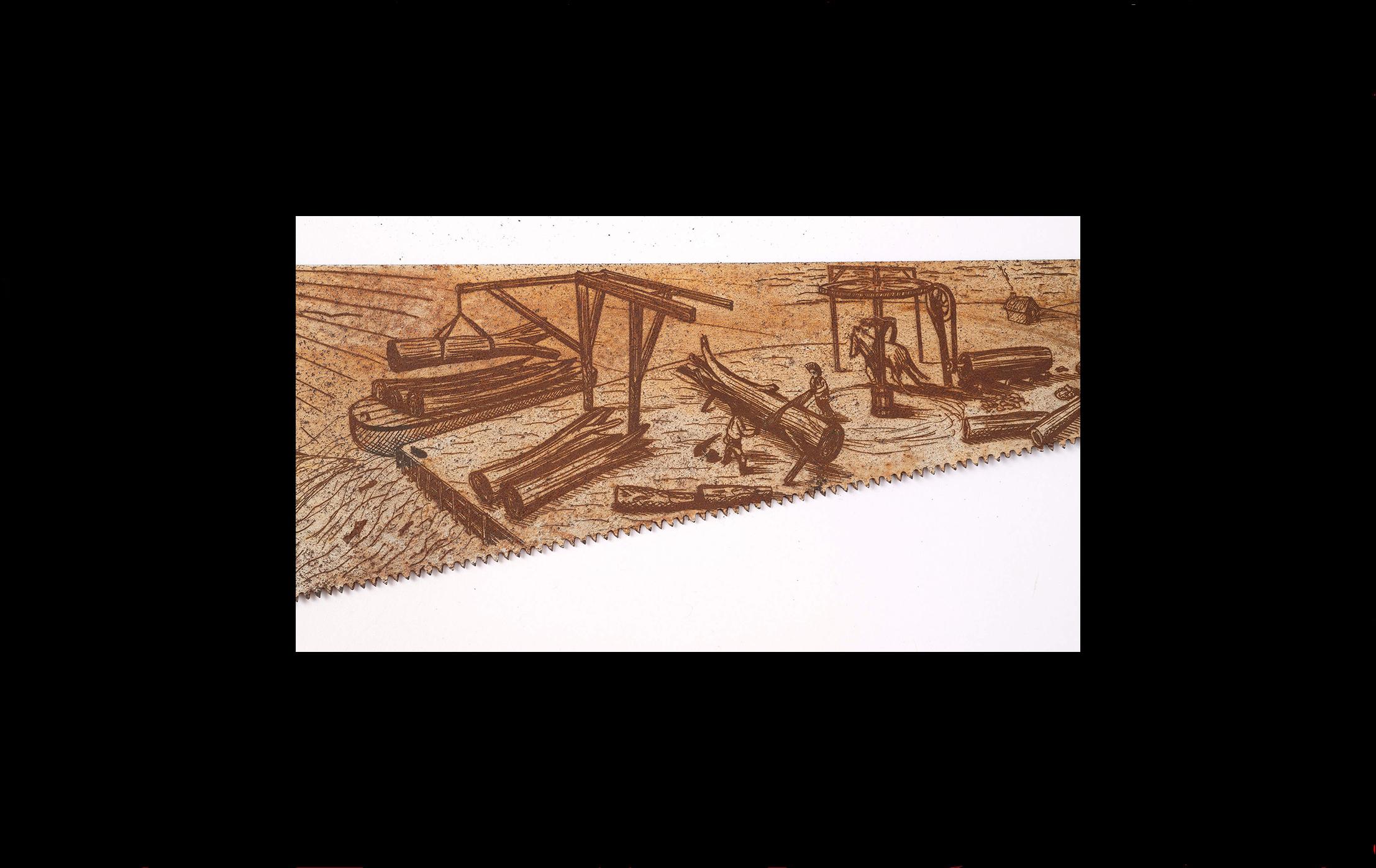 Rusted saw blade with etched design showing tree trunks being winched off a boat and then but to shape and a horse-powered engine