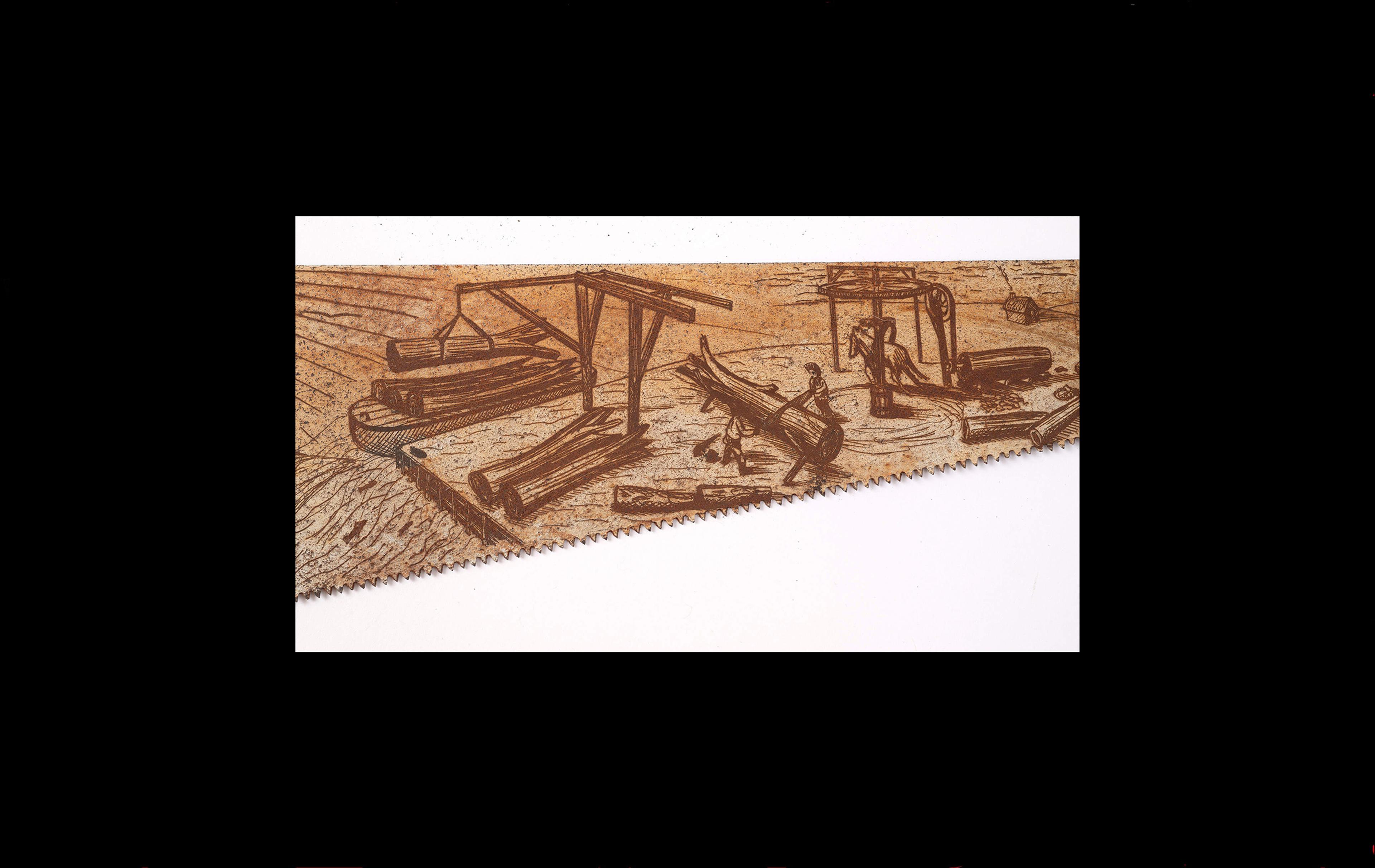 Rusted saw blade with etched design showing tree trunks being winched off a boat and then but to shape and a horse-powered engine