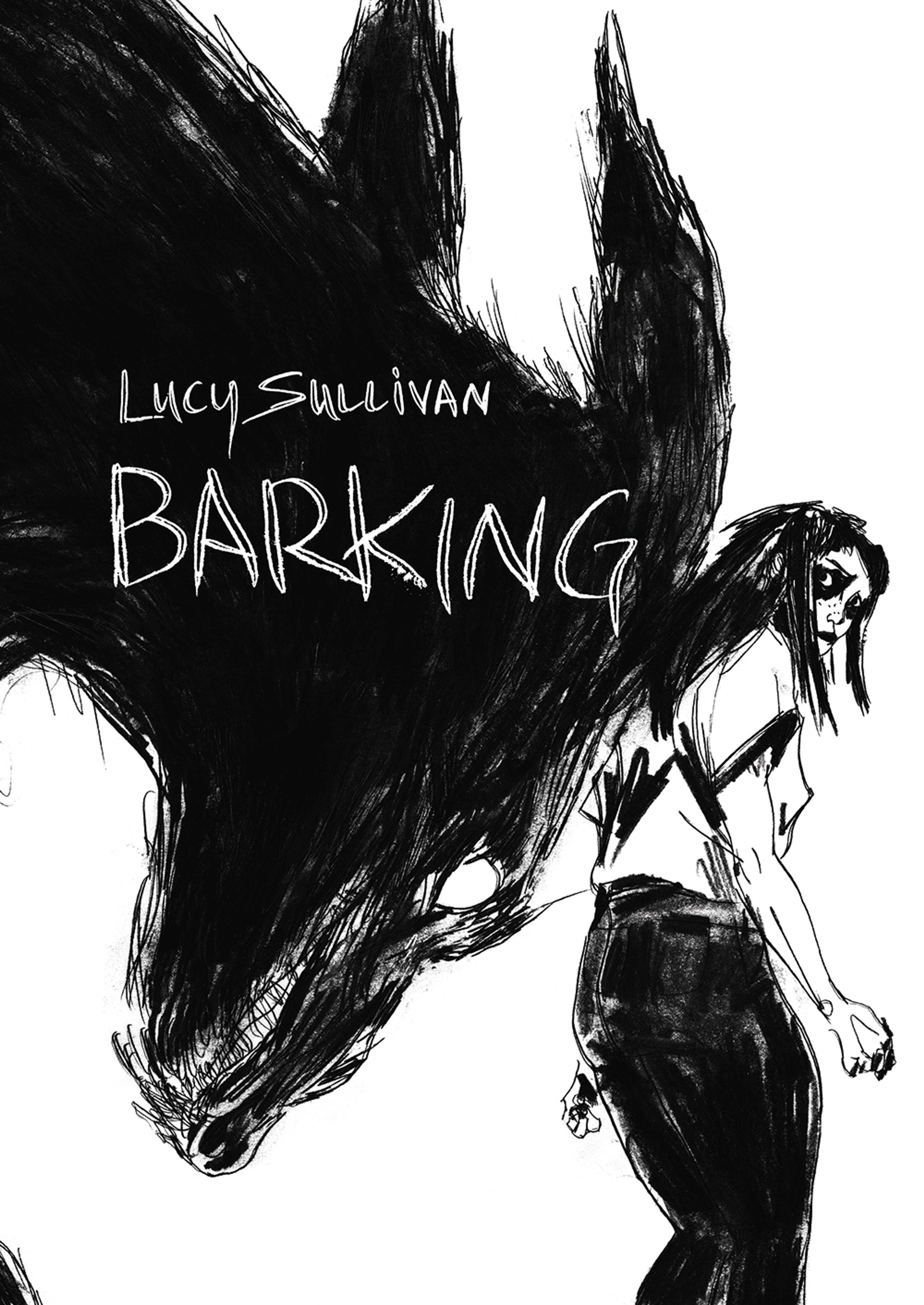 Front cover of a book with an illustration of a person looking back with shadow or black shape behind them and the wording, 'Lucy Sullivan' and 'Barking'.