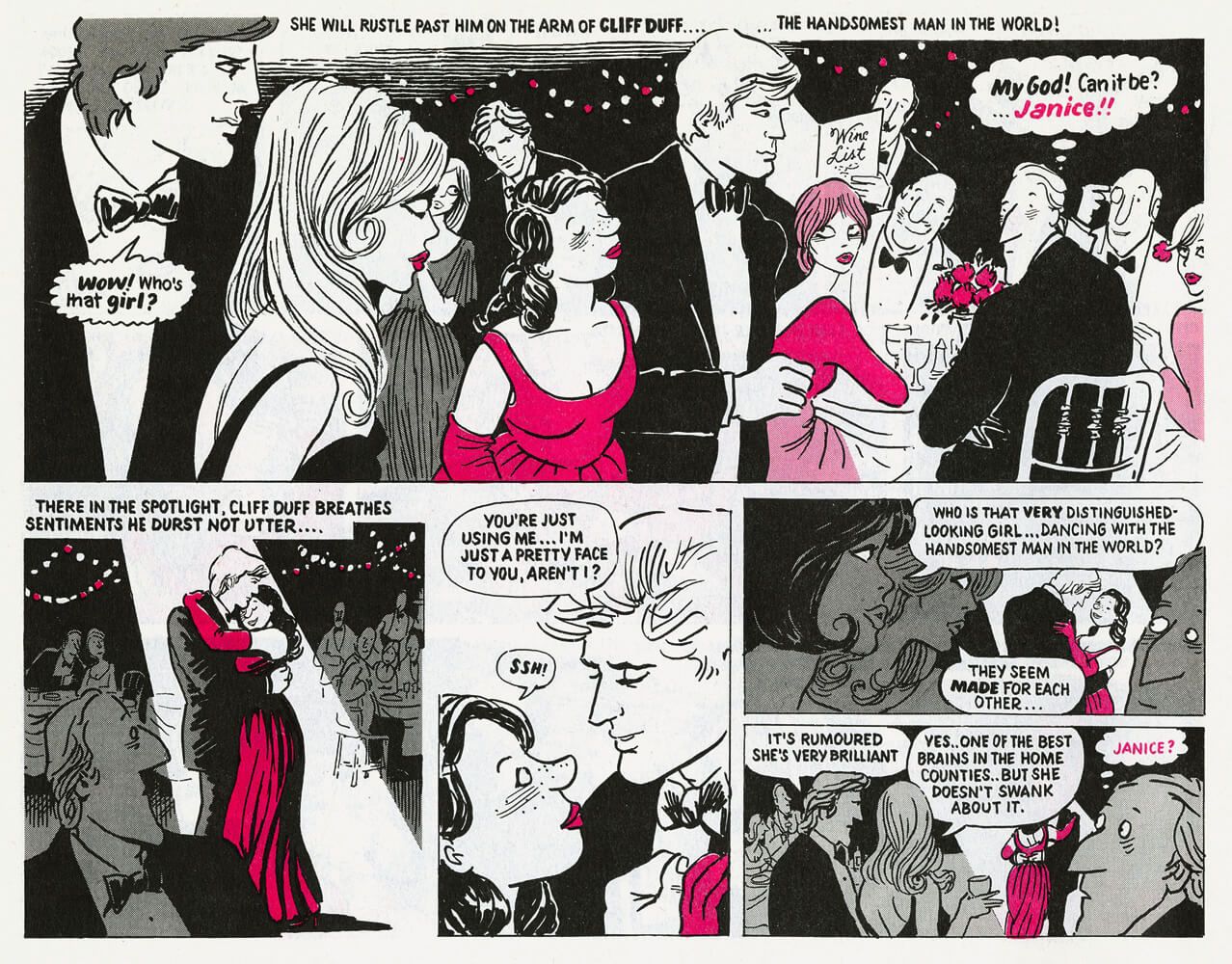 Comic of a woman in red dancing with "the handsomest man in the world" as a crowd looks on and speculates about her accomplishments