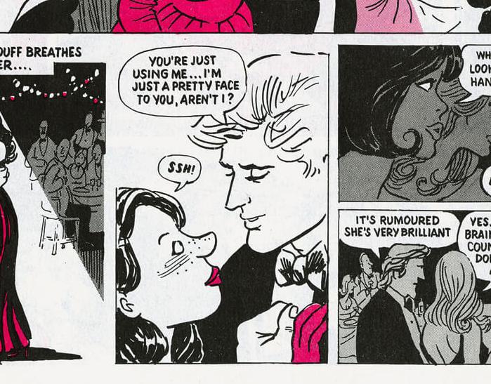 Comic of a woman in red dancing with "the handsomest man in the world" as a crowd looks on and speculates about her accomplishments