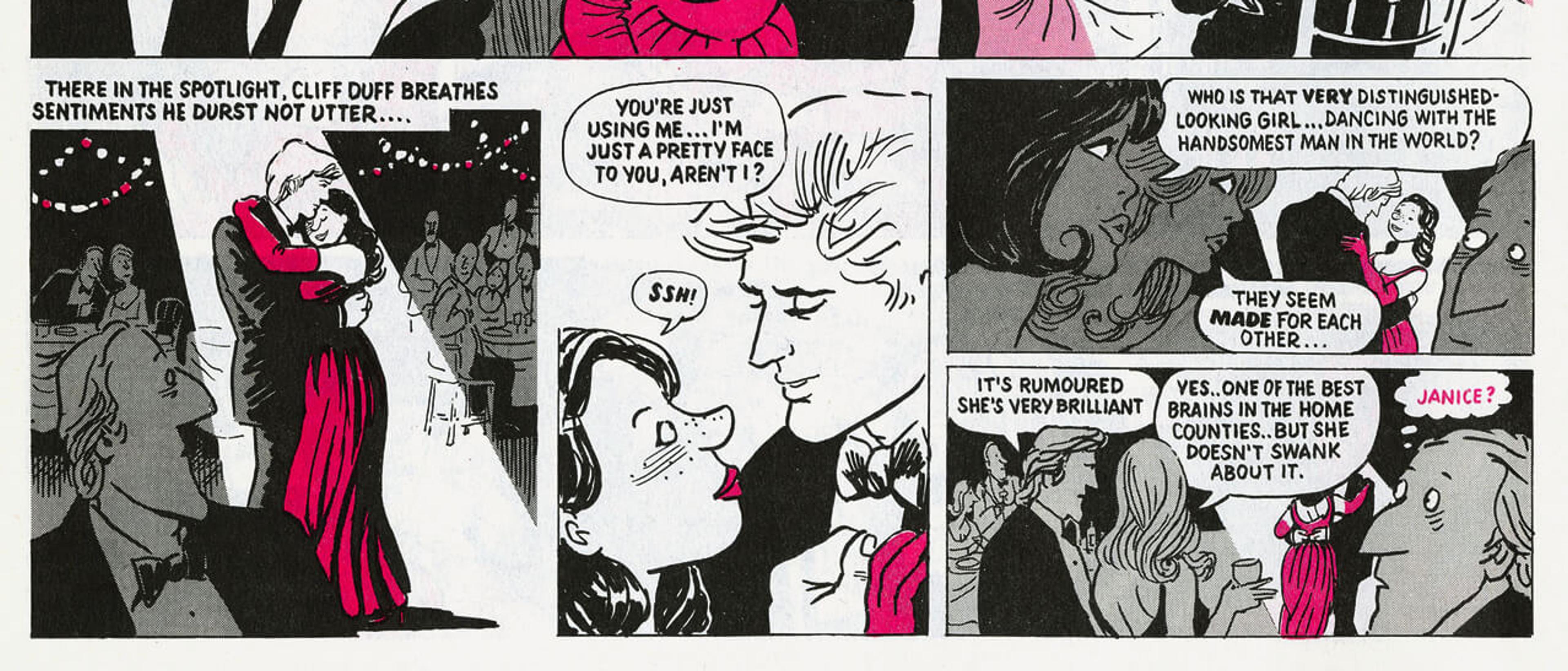 Comic of a woman in red dancing with "the handsomest man in the world" as a crowd looks on and speculates about her accomplishments