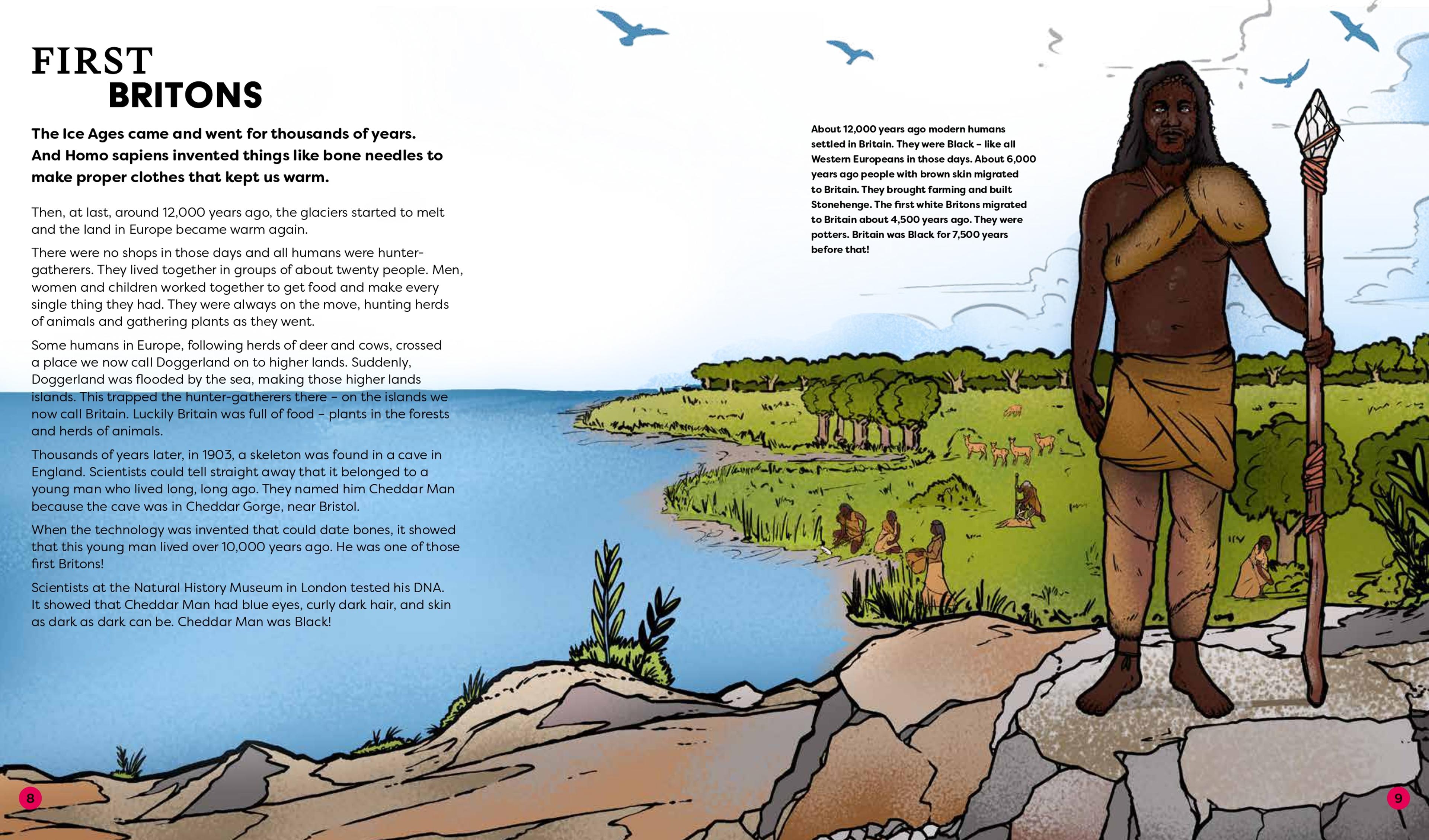 Book spread titled 'First Britons', featuring a block of text and a prehistoric-style figure with long hair holding a spear 