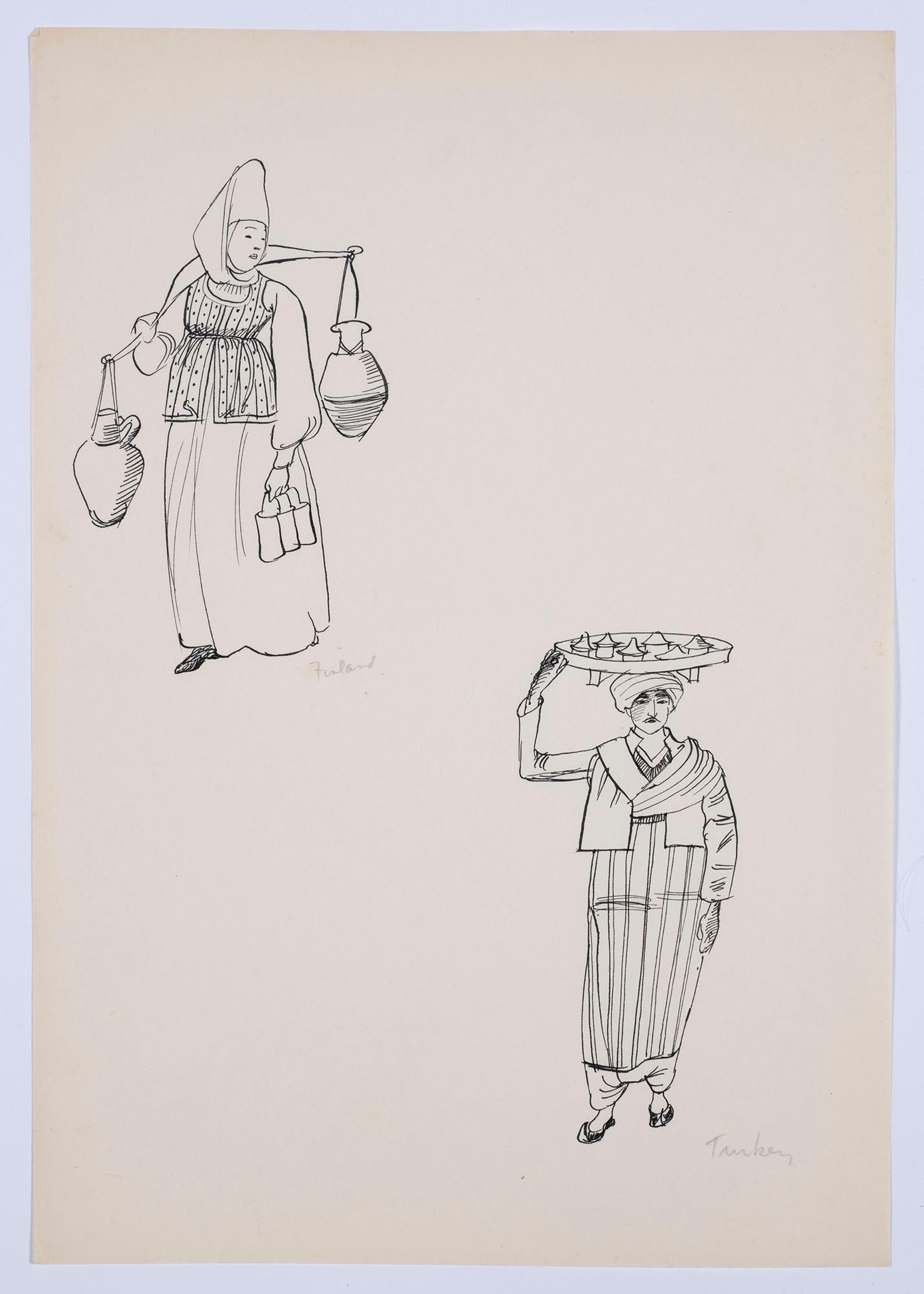Black and white drawings of figures in Finnish and Turkish national dress