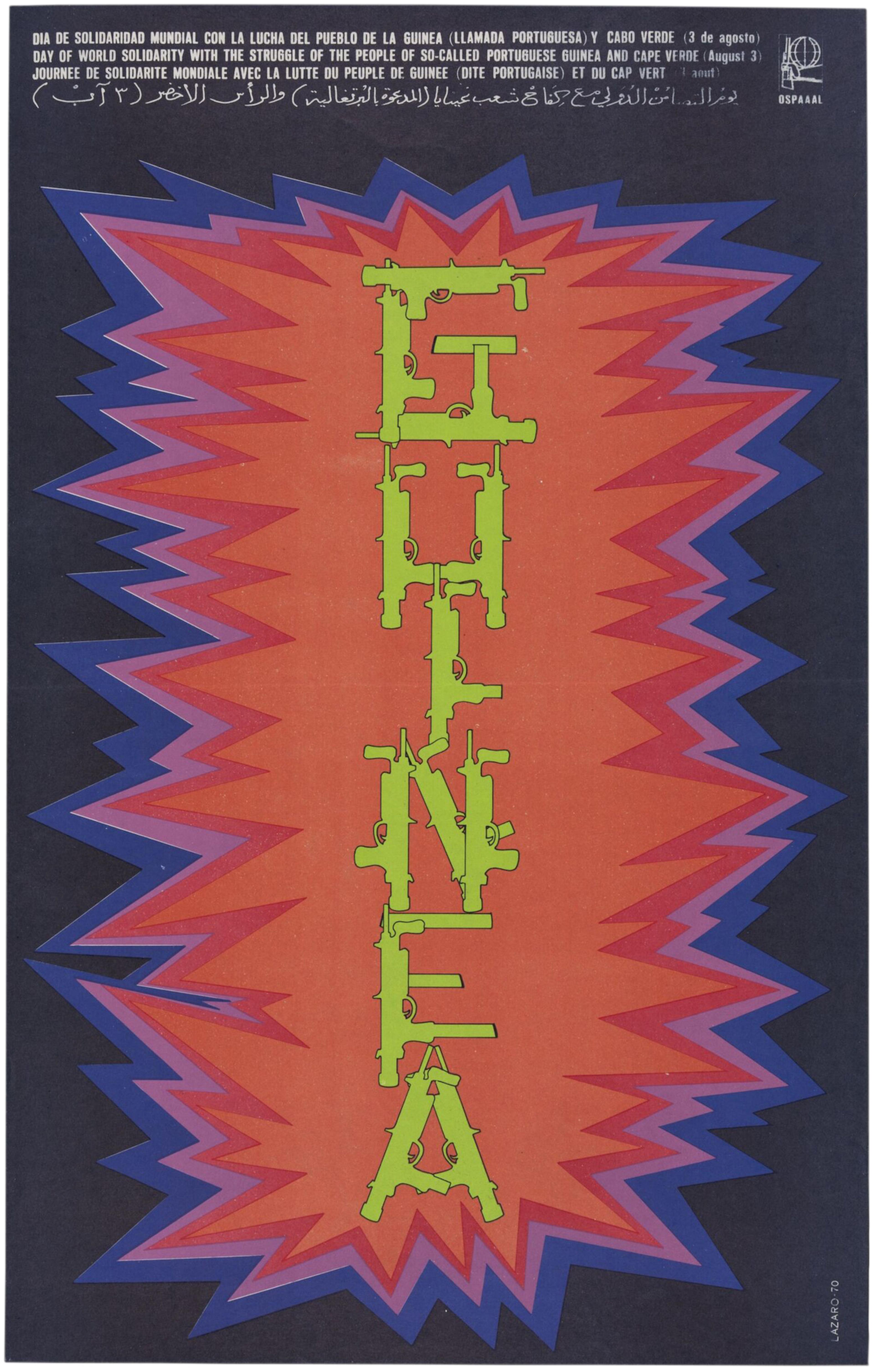 Offset lithograph poster depicting the word Guinea spelled out in lime green machine guns, advertising August 3rd as a day of solidarity with the people of Guinea and Cape Verde.