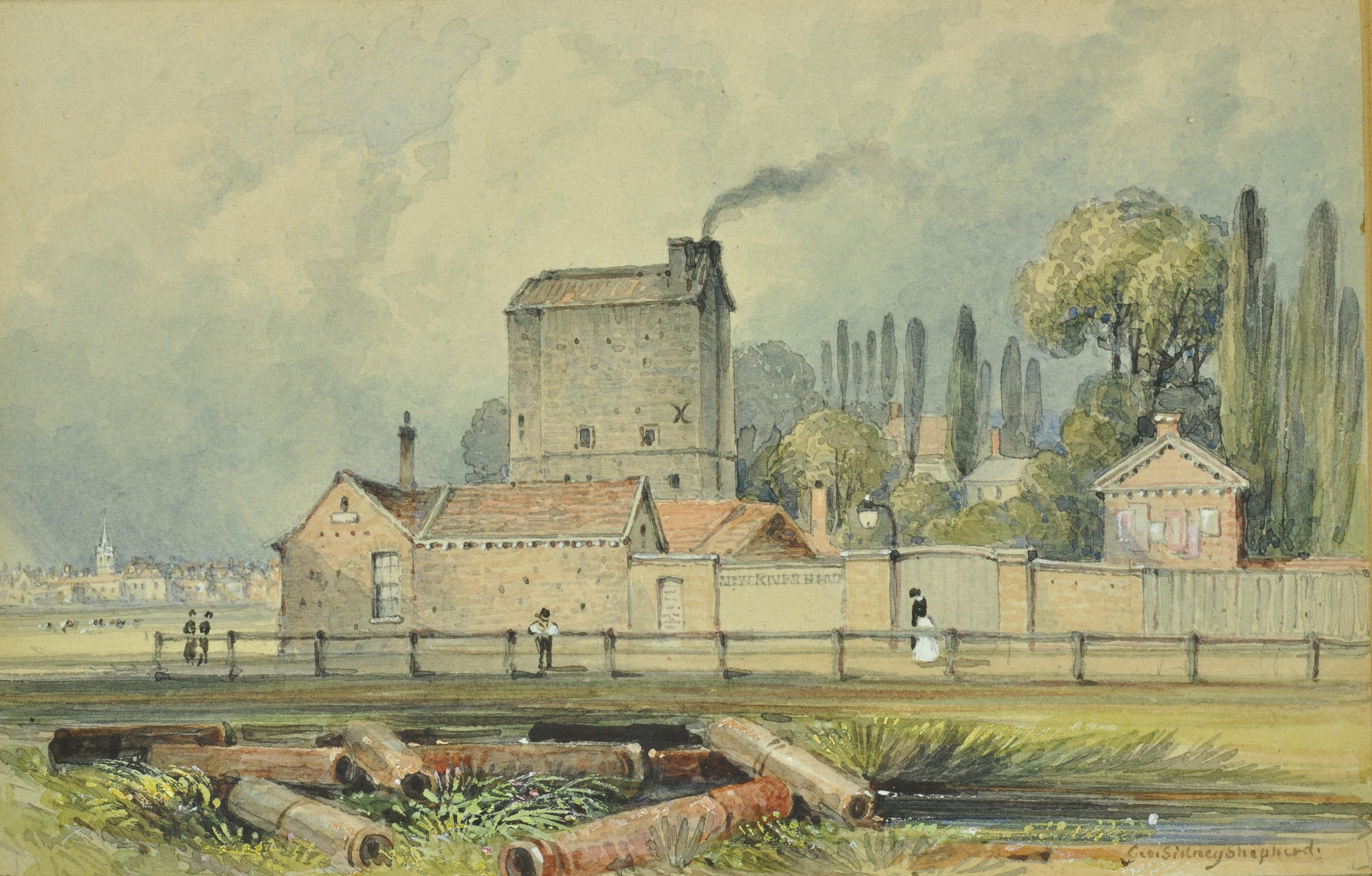 Painting of brick buildings behind a brick wall with one taller building with smoke coming from the roof. In the distance is a cityscape