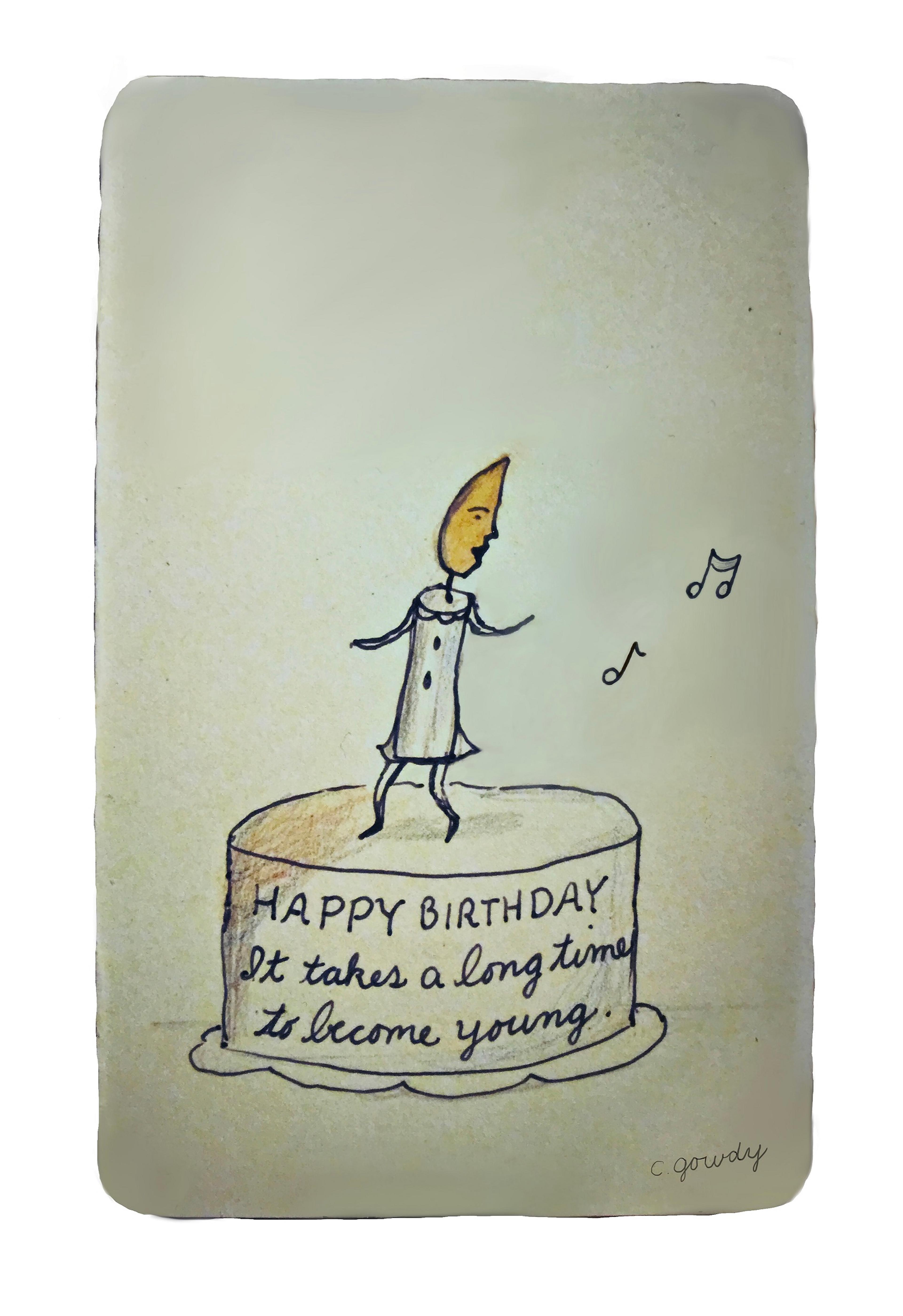Illustration of a candle singing on top of a birthday cake