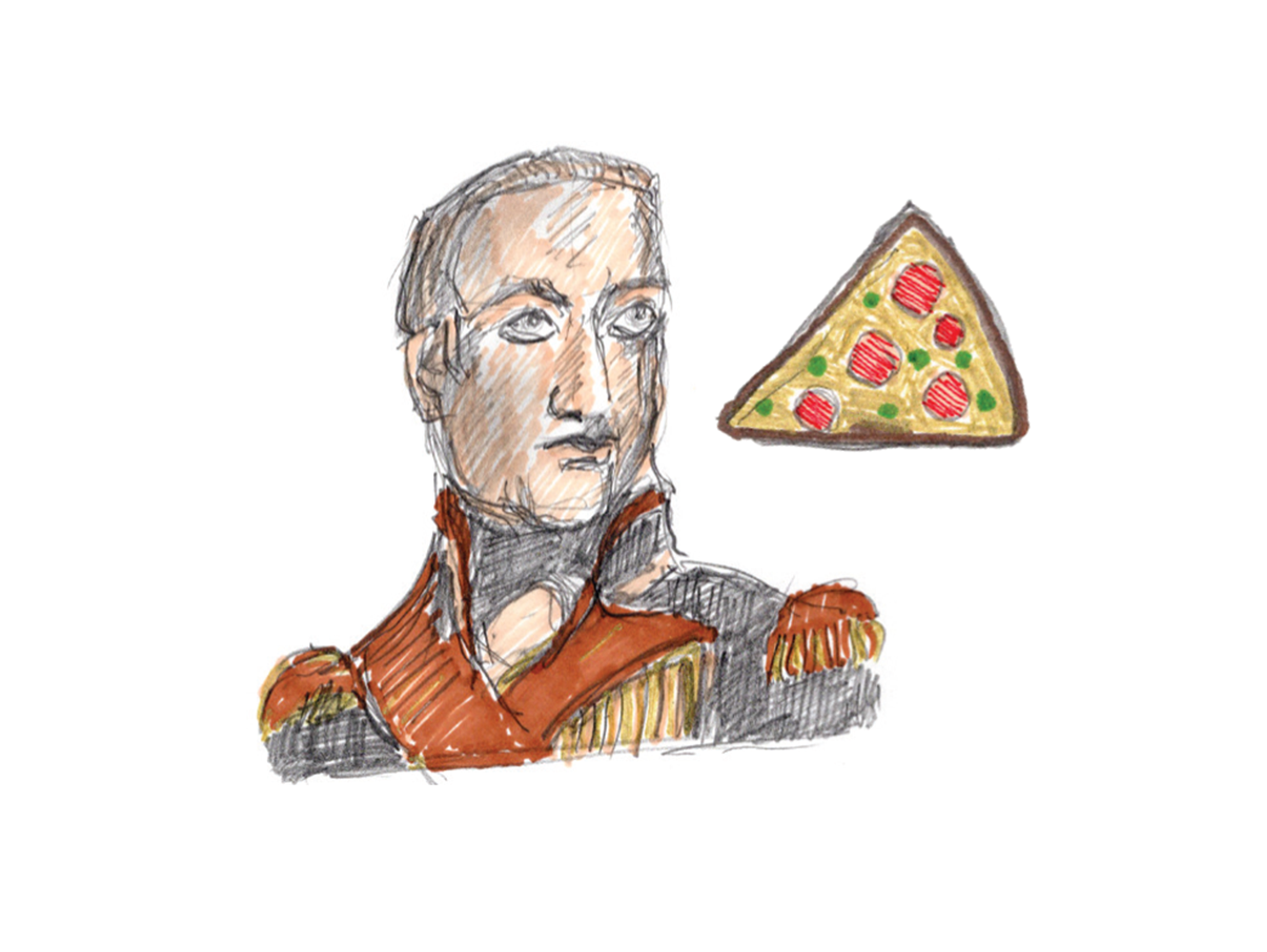 Illustration of a naval officer in a grand uniform with a slide of pizza next to their head