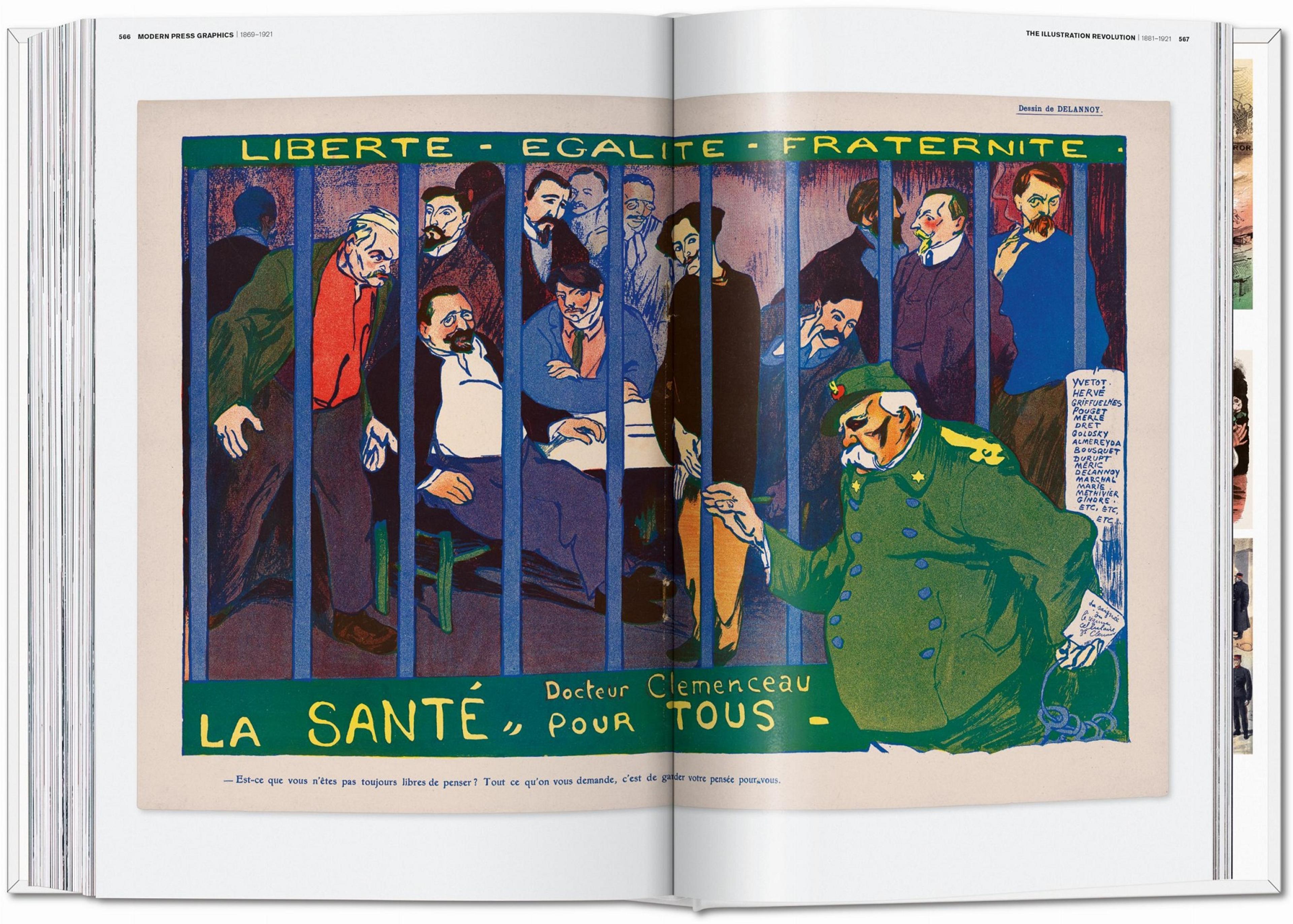 Photograph of an open book showing an illustration of people in prison