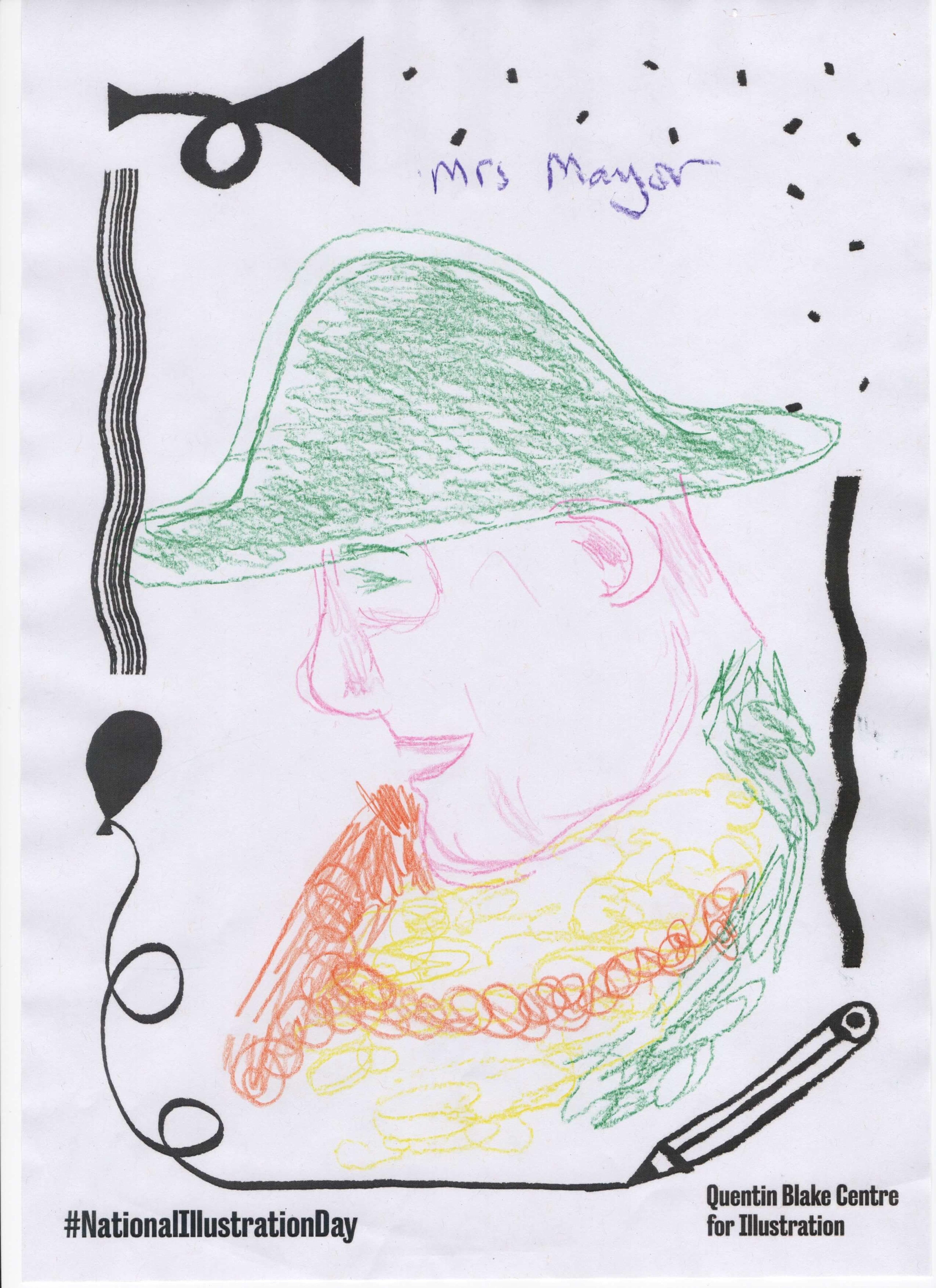 Side-profile face of a person wearing a big green hat, drawn using colour pencil. 