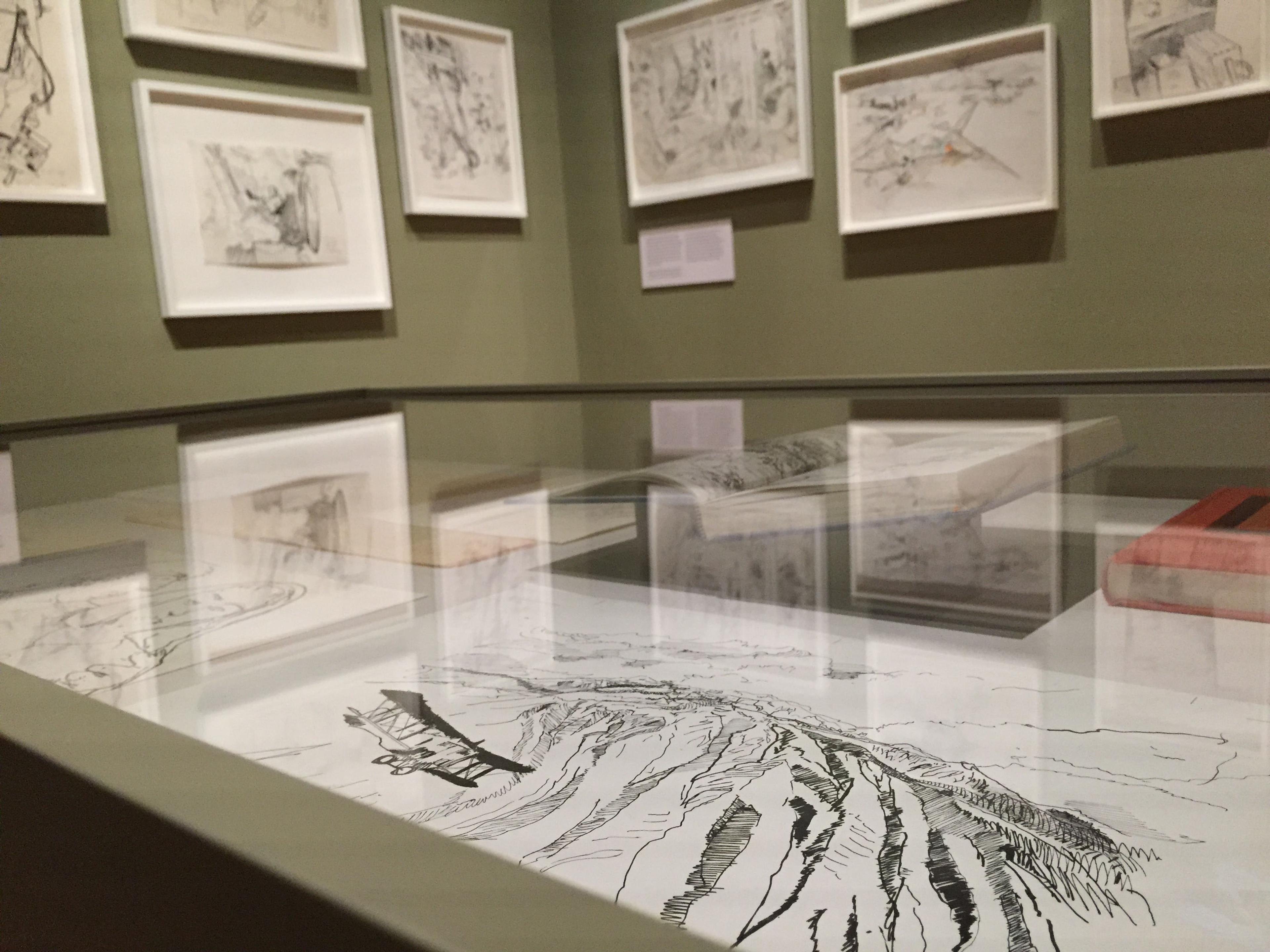 Framed illustrations displayed on a green wall with a glass display case showcasing additional illustrations in an exhibition space.