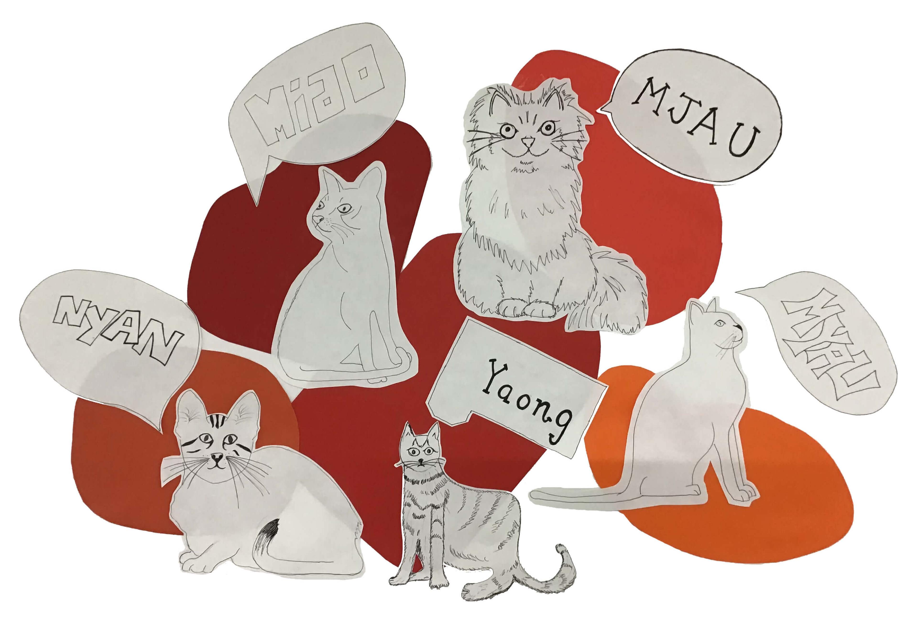 A collage featuring drawings of cats with speech bubbles with the sounds made by the animal in different languages