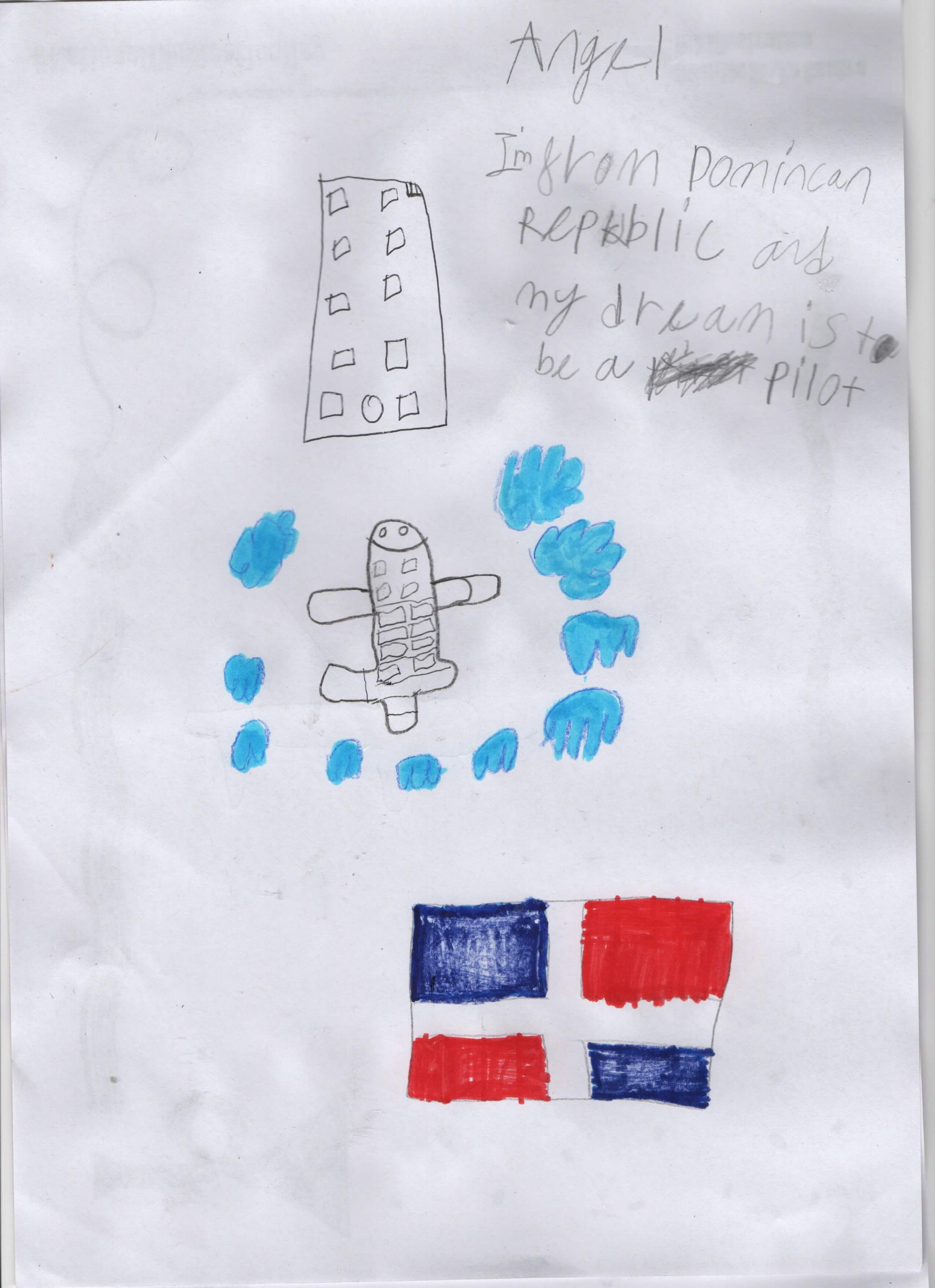 A pencil drawing of a simple airplane flying towards a building, with a coloured flag of the Dominical Republic included in one corner. The picture includes text that reads: "I'm from Dominical Republic and my dream is to be a pilot." 