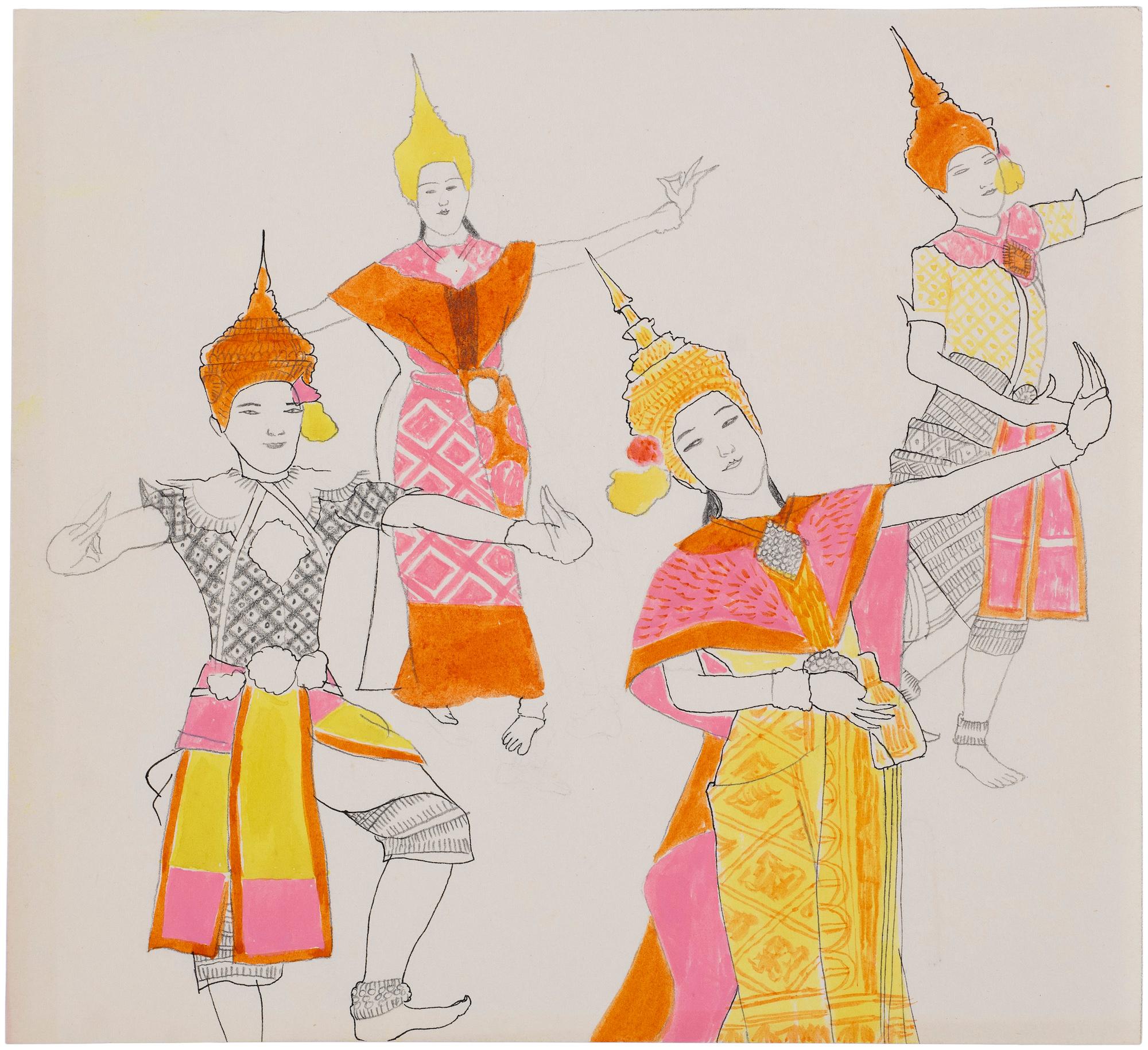 Black ink and pencil drawing of Thai dancers with orange, pink and yellow details