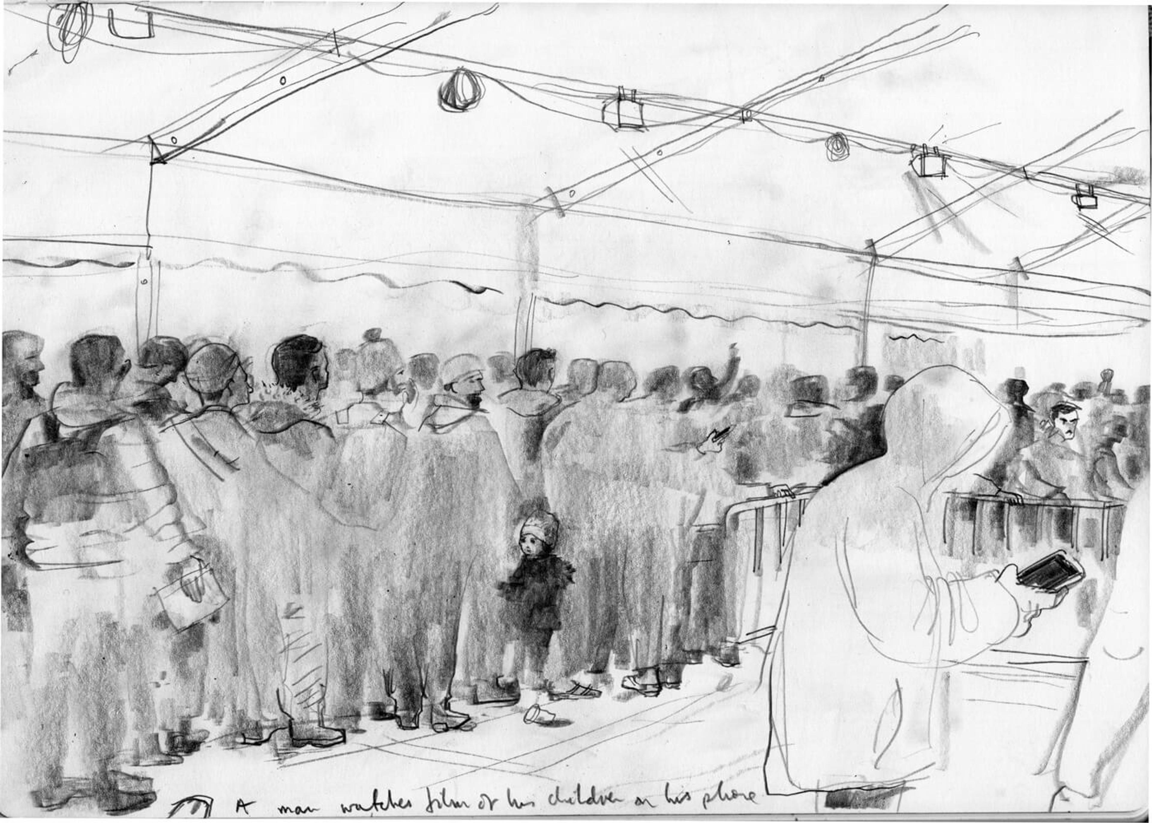 black and white sketch of refugees standing in line