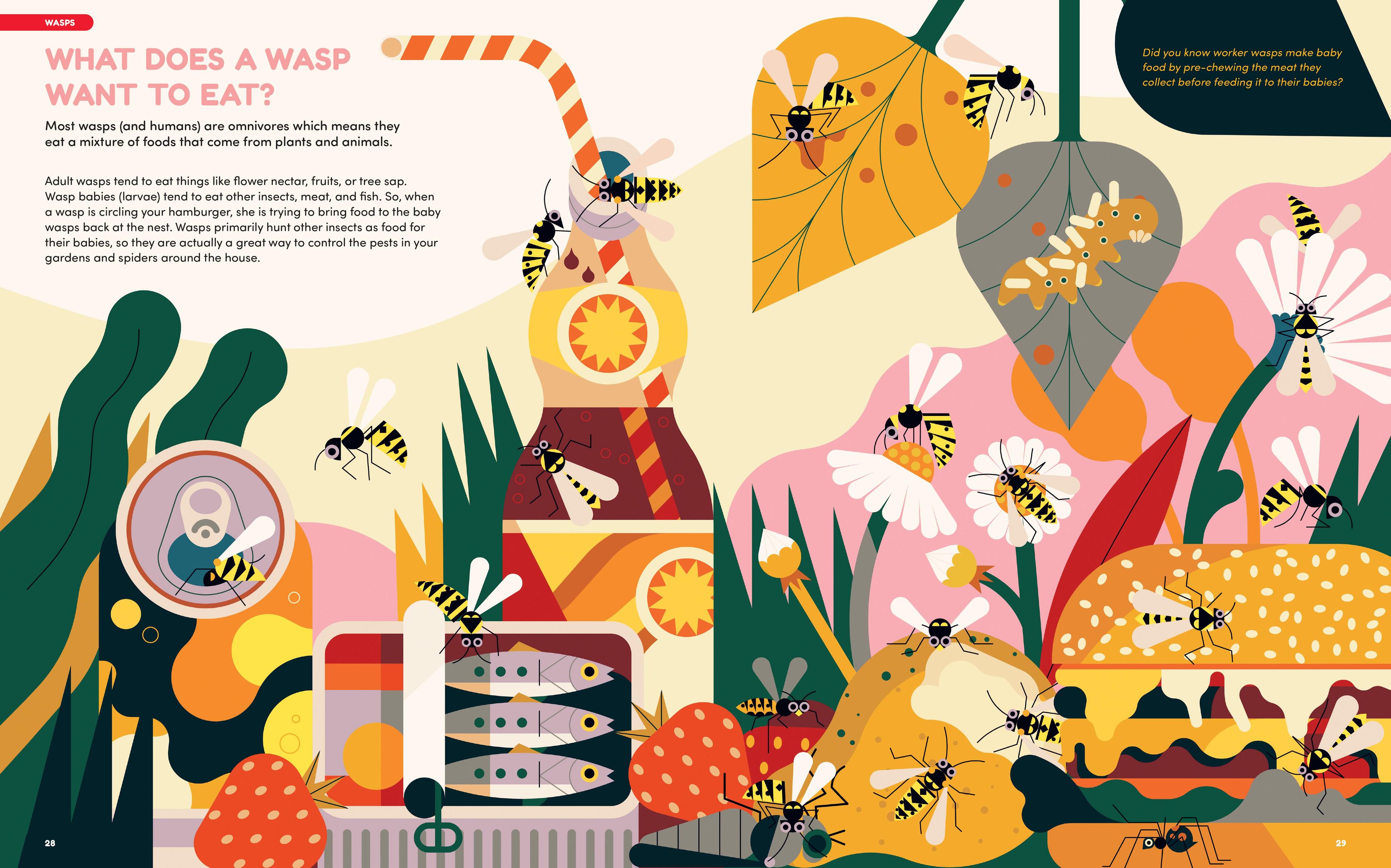 A double page spread from a picture book featuring wasps at a picnic along with text about what wasps want to eat.