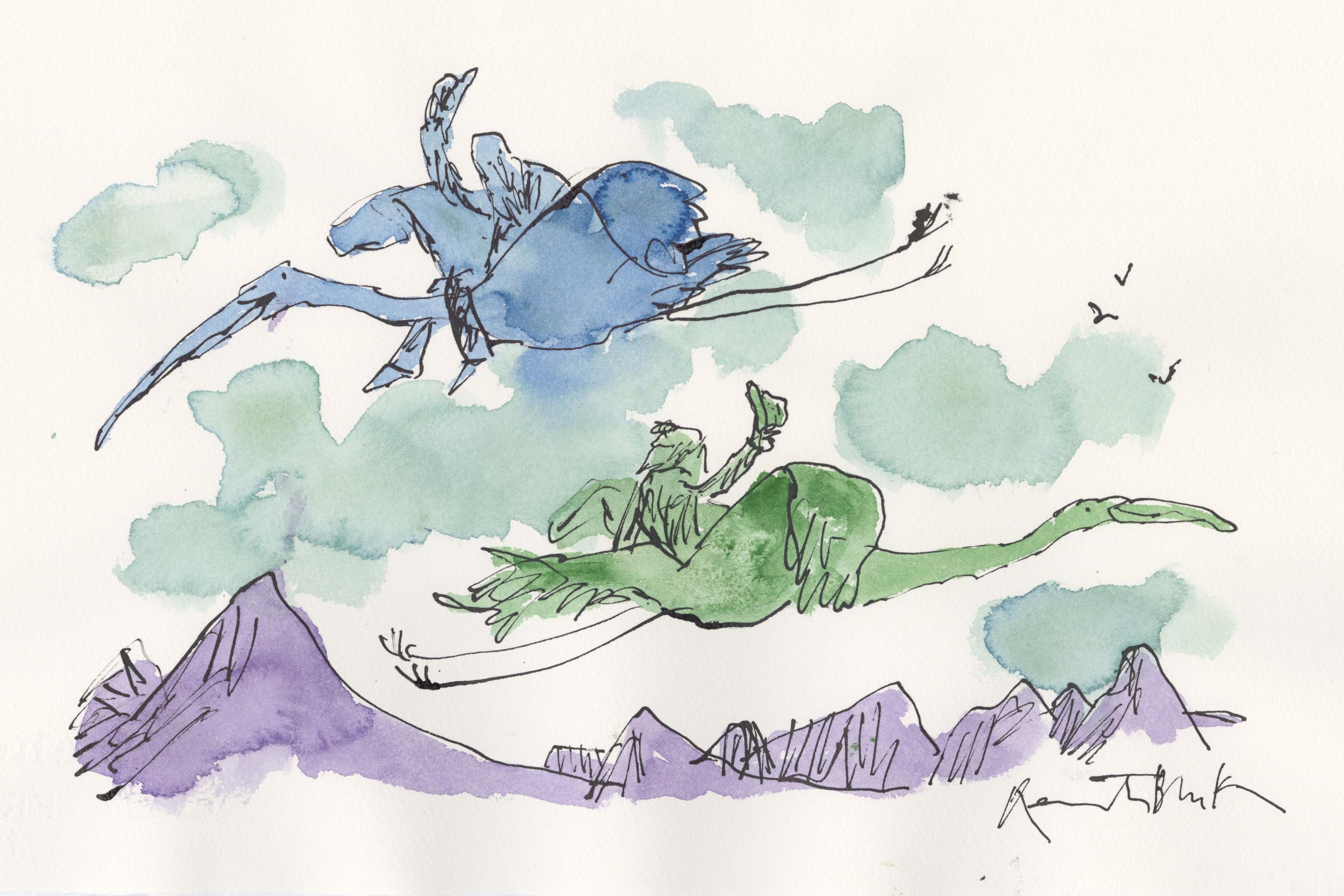 Illustration of two people riding on birds over mountains waving their hats to each other as they pass by